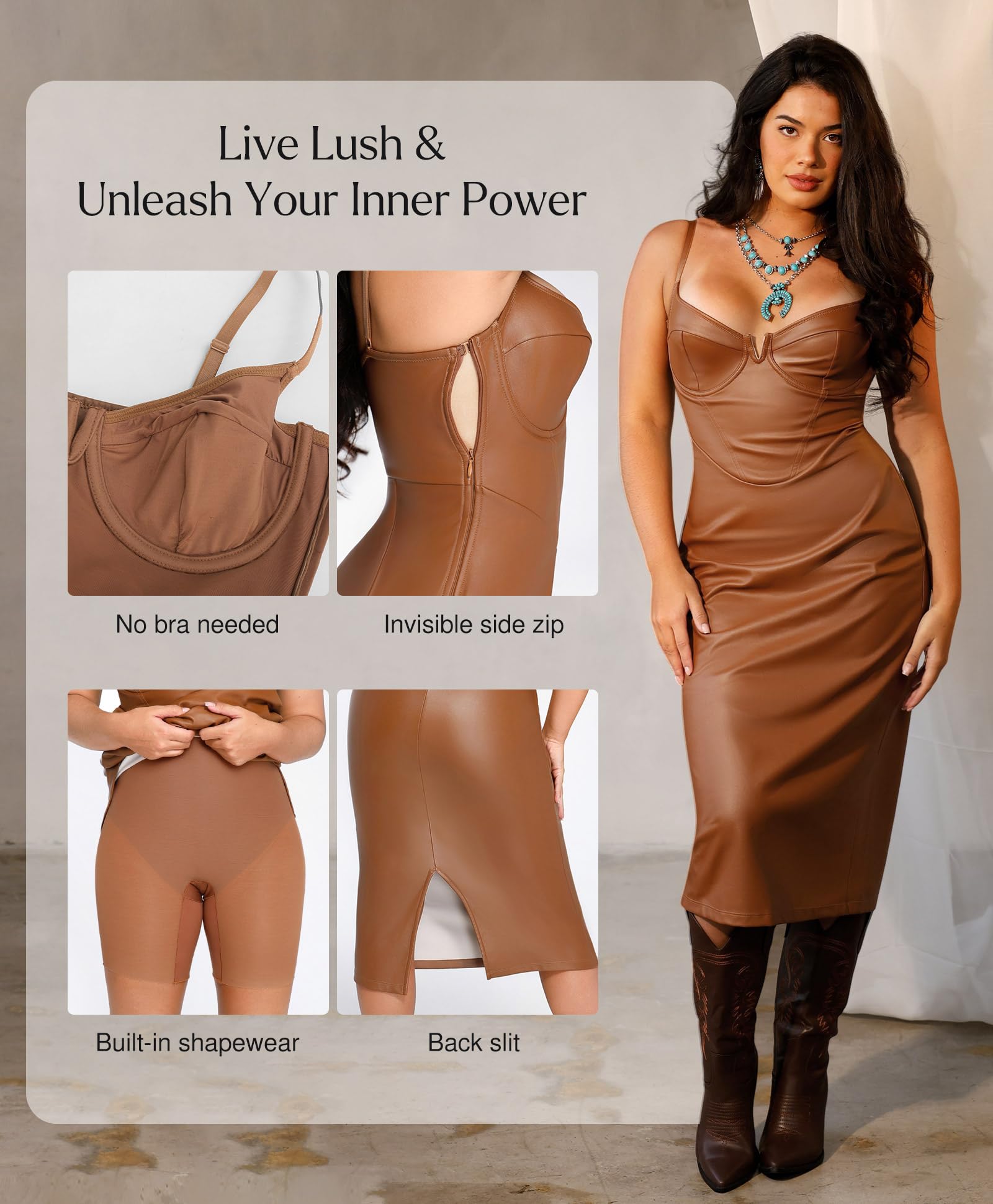 Popilush Women's Corset Shapewear Dress - Faux Leather Midi Bodycon Dress with V-Neck for Night Out & Club Wear | Slimming Tummy Control Outfit for Parties, Date Nights & Special Occasions