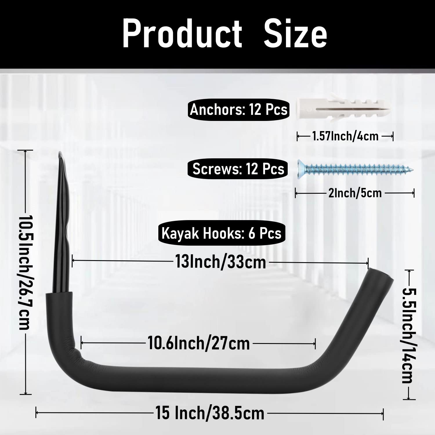 Heavy Duty Garage Storage Kayak Hooks - 15 Inch Wall Mounted Hangers for Canoe, Surfboard, Ladder, Bike & More (55LB Capacity) - Perfect for Garage, Basement & Outdoor Organization