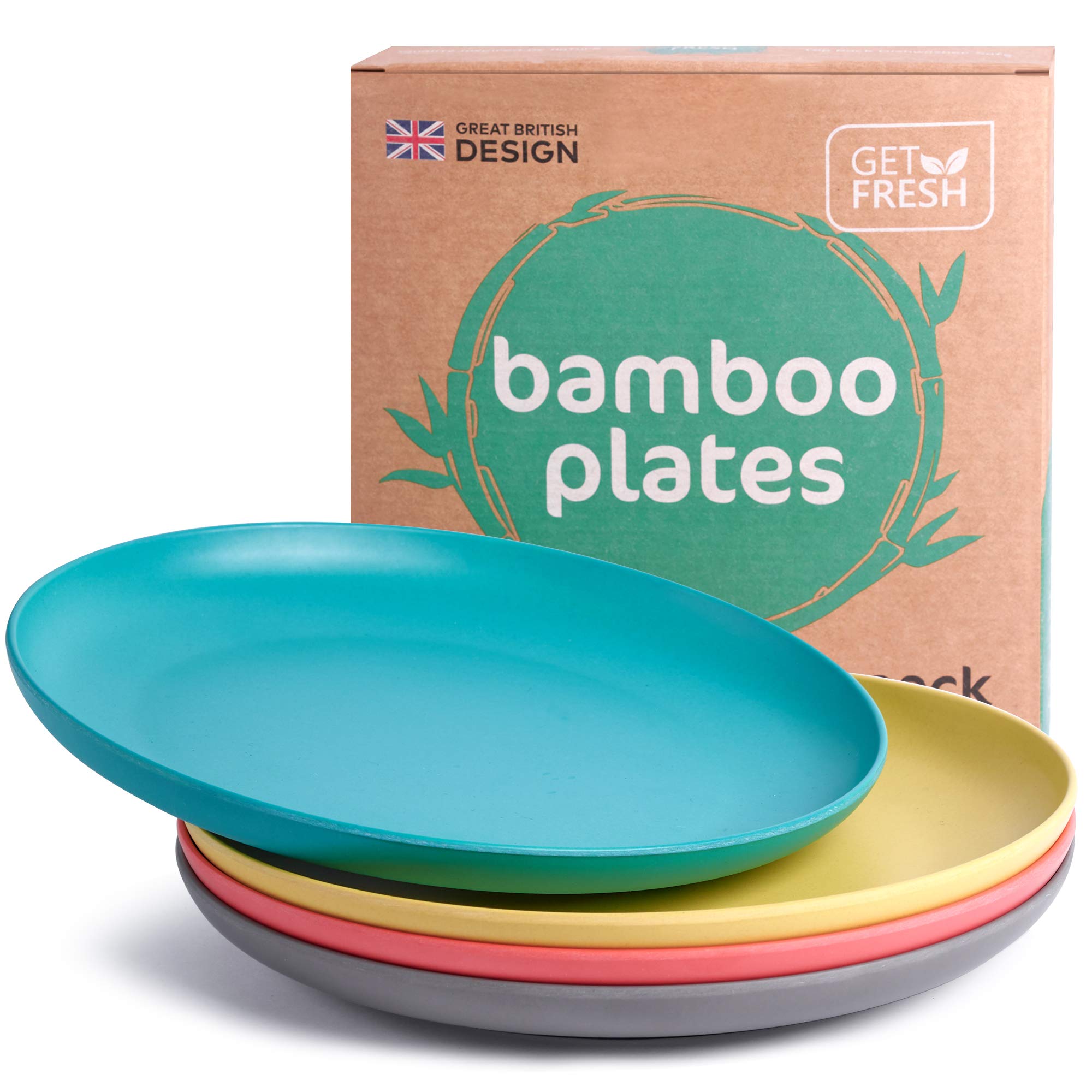 GET FRESH 4-Pack Bamboo Kids Plates Set - Eco-Friendly Reusable Bamboo Dinner Plates for Toddlers & Children - Colorful Bamboo Fiber Dinnerware Set - Durable & Safe Kids Tableware for Daily Meals, School Lunches & Picnics