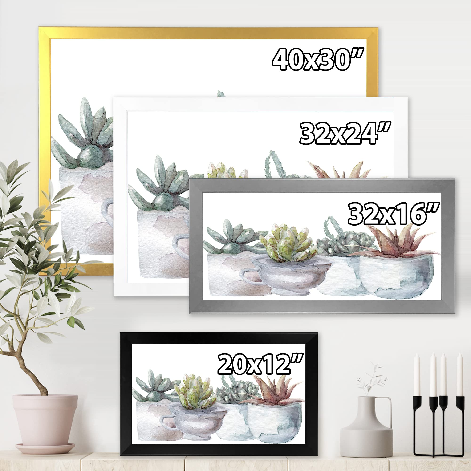 DesignQ Cactus and Succulent House Plants IV Farmhouse Framed Wall Art - Botanical Decor for Living Room, Bedroom & Office
