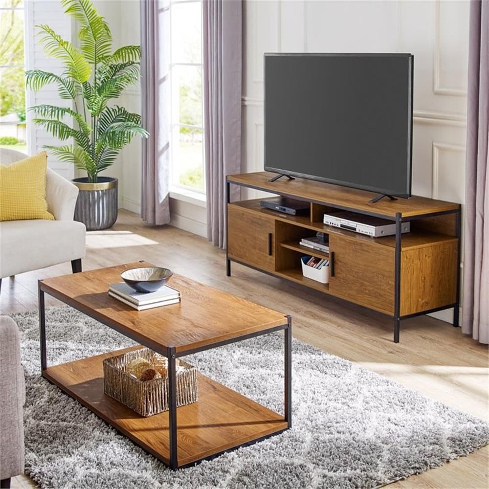 CAFFOZ Wide TV Media Stand with Storage Shelves & Doors - Sturdy Brown Oak Wood Look Entertainment Center with Metal Frame - Easy Assembly for Living Room, Bedroom & Home Theater Setup