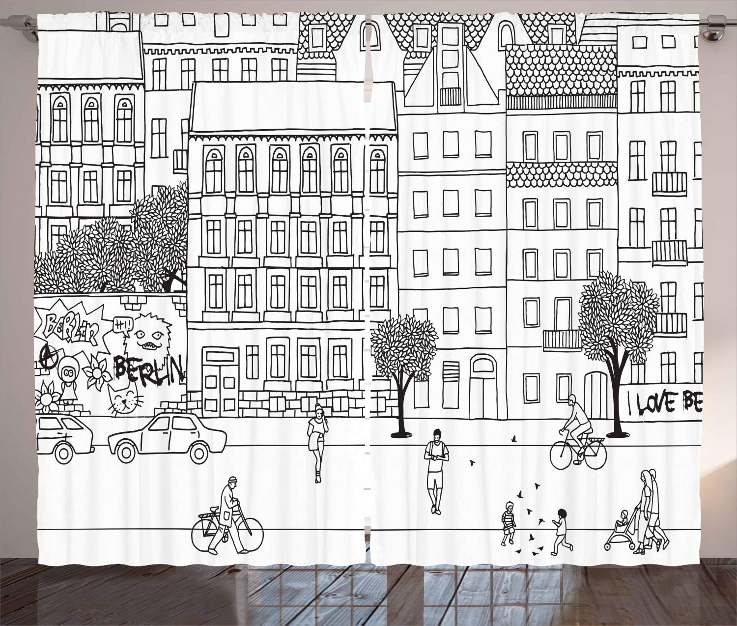 Ambesonne German Black and White Curtains - Hand Drawn Berlin Square Urban Scene with People - 2 Panel Window Drapes 108