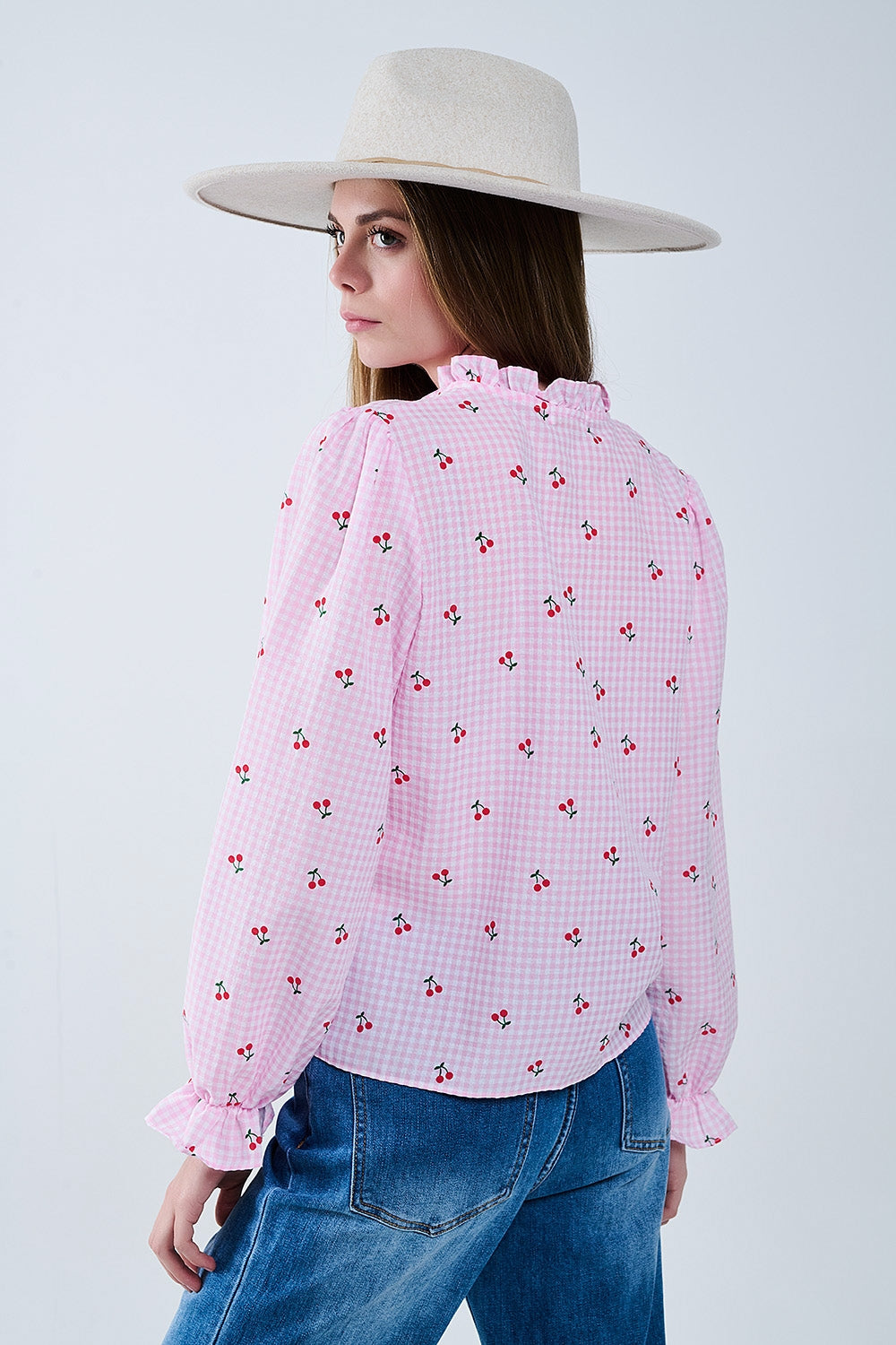 Pink Blouse with Cherry Details and Bow Tie - Elegant Women's Fashion for Work, Dates & Special Occasions