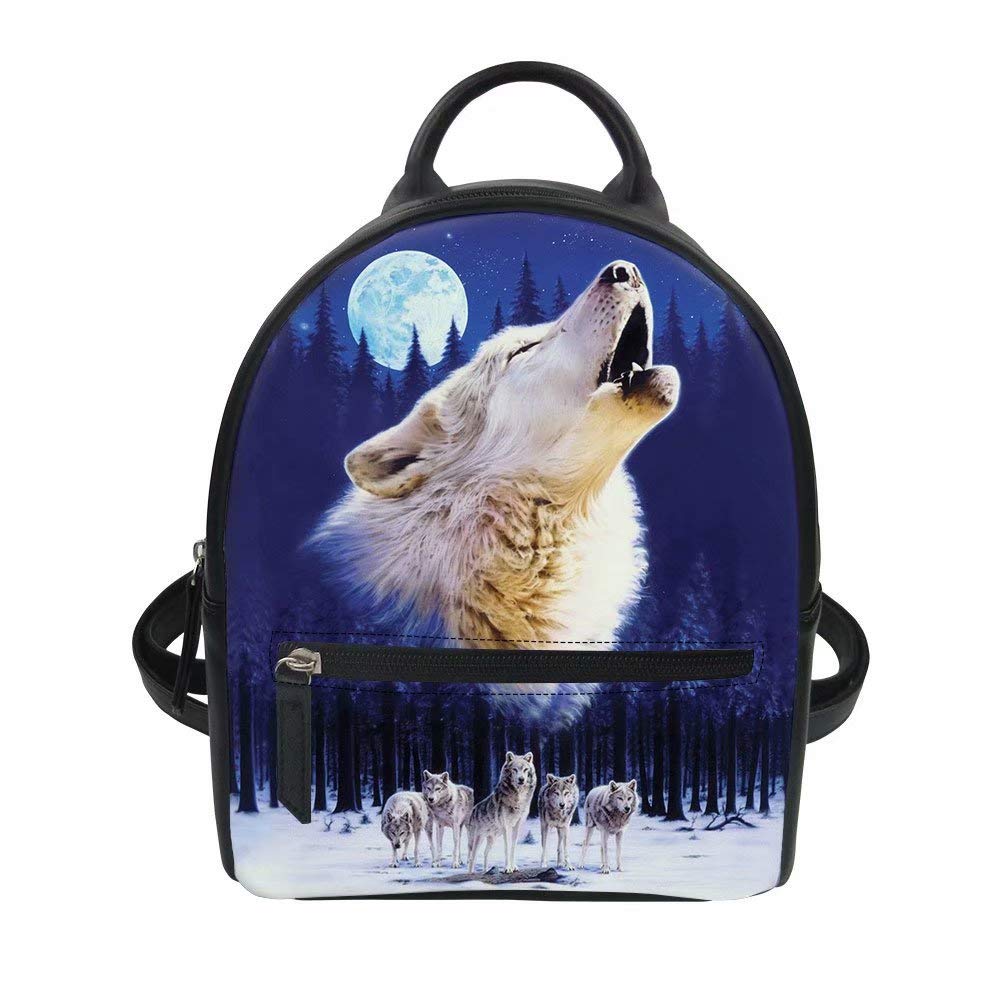 Blue Wolf Print Mini Backpack for Girls - Stylish Teen Purse for School & Travel
