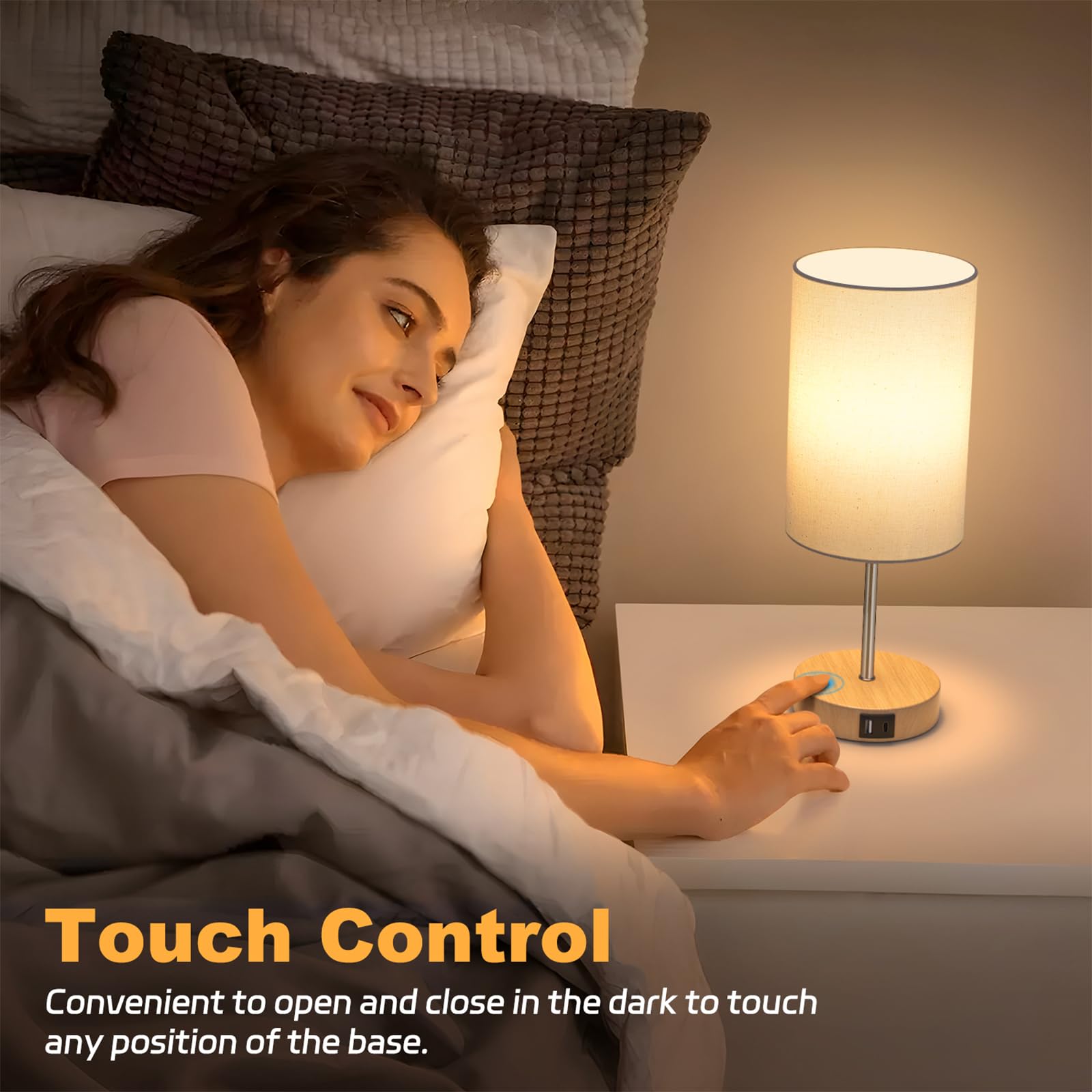 AKASUKI 3-Way Dimmable Touch Table Lamp with USB Charging Ports - Bedside Nightstand Lamp for Bedroom, Living Room & Office (LED Bulb Included) | Perfect for Reading, Working & Charging Devices