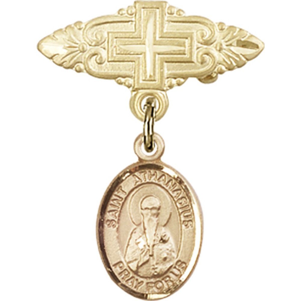 St. Athanasius Gold Filled Baby Badge with Cross Charm - 1 X 3/4 Inch Religious Pin for Baptism, Christening & First Communion Gifts - Perfect for Newborns & Infants