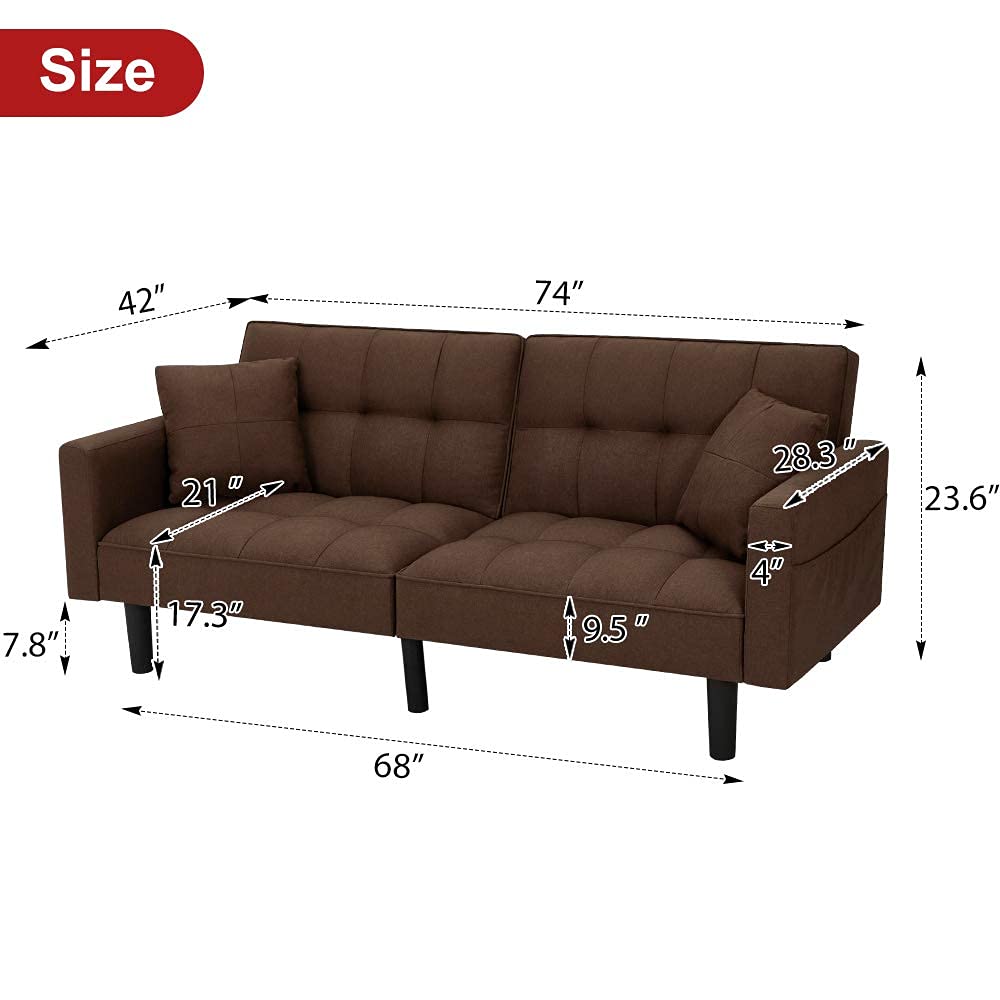 Modern Linen Convertible Futon Sofa Bed - Foldable Recliner Couch with Adjustable Back & Armrests for Living Room, Bedroom, Guest Room - Brown (Perfect for Small Spaces & Overnight Guests)