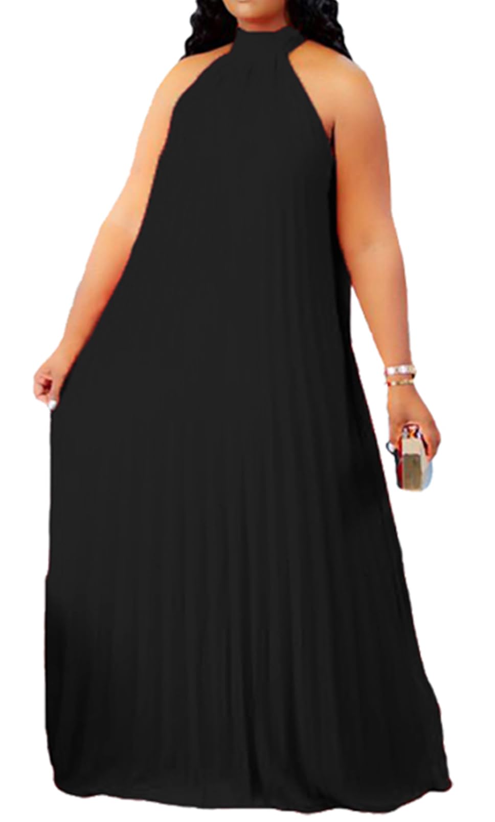 Choichic Women's Plus Size Sleeveless Halter Neck Chiffon Maxi Dress - Flowy Pleated Loose Long Summer Beach Dress for Casual Wear, Vacation & Outdoor Events