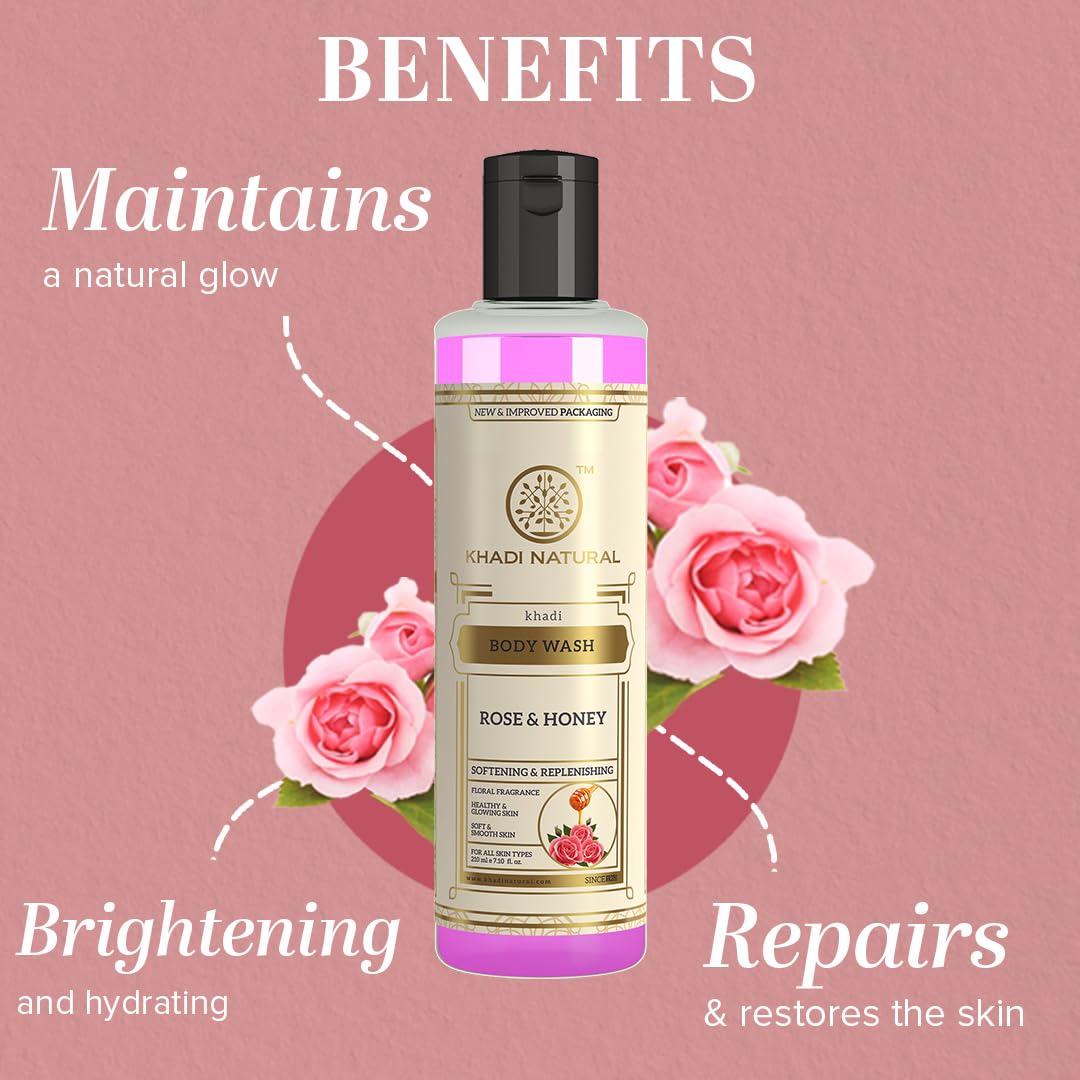 Khadi Natural Rose & Honey Body Wash - Deep Cleansing & Soothing Fragrance for All Skin Types (210ml) | Moisturizing Shower Gel for Dry Skin, Daily Use & Relaxing Bath Time