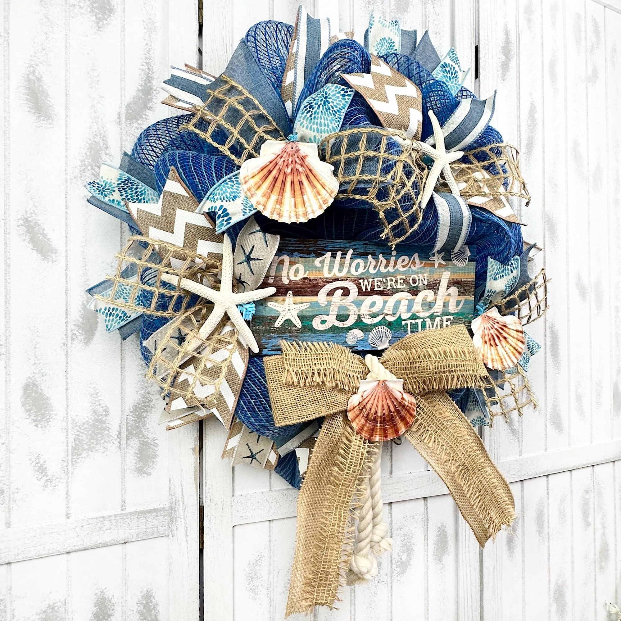 Handmade Blue Burlap Coastal Wreath with Nautical Rope, Starfish & Seashells - 'No Worries We're On Beach Time' Decor for Beach House, Porch or Tropical Home Décor