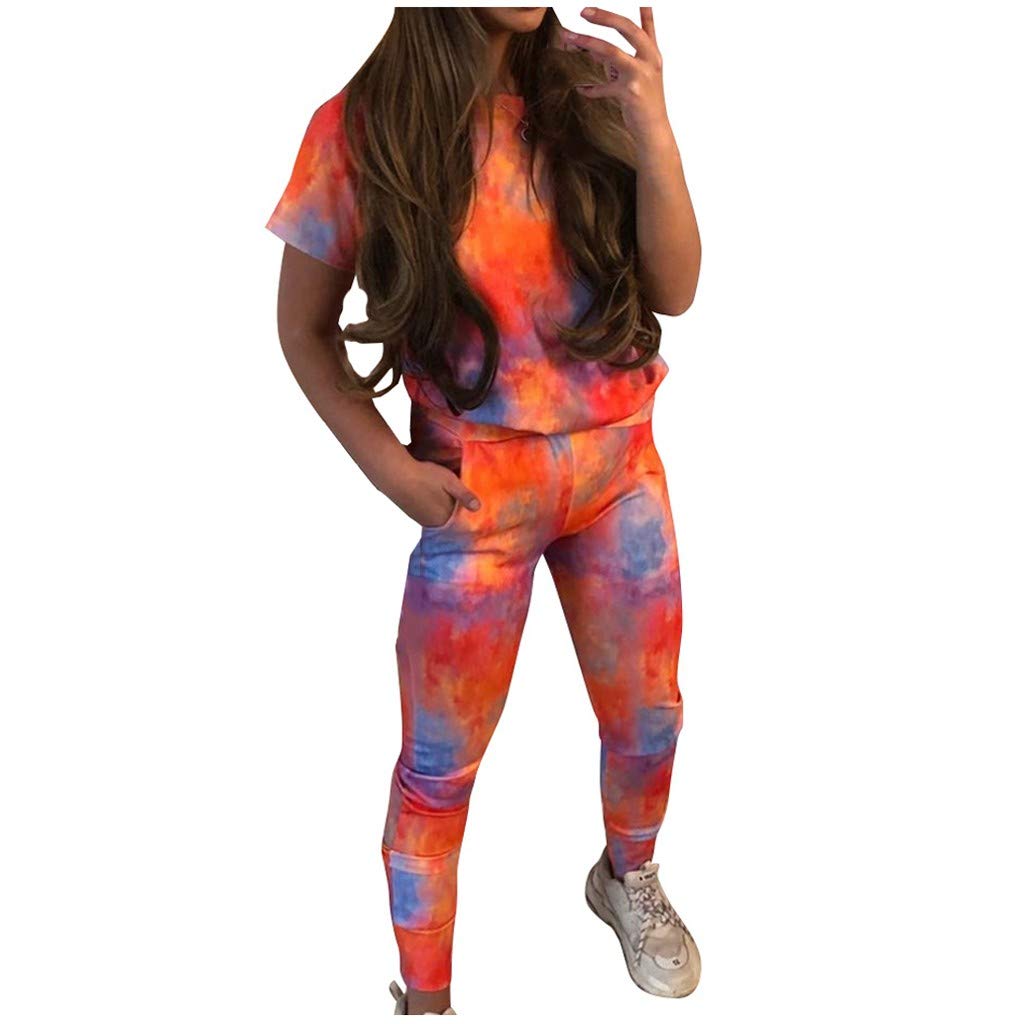 Franterd Tie Dye Pajama Set for Women - Short Sleeve T-Shirt & Long Pants Lounge Wear - Soft Cotton Sleepwear for Nighttime Comfort & Relaxation at Home