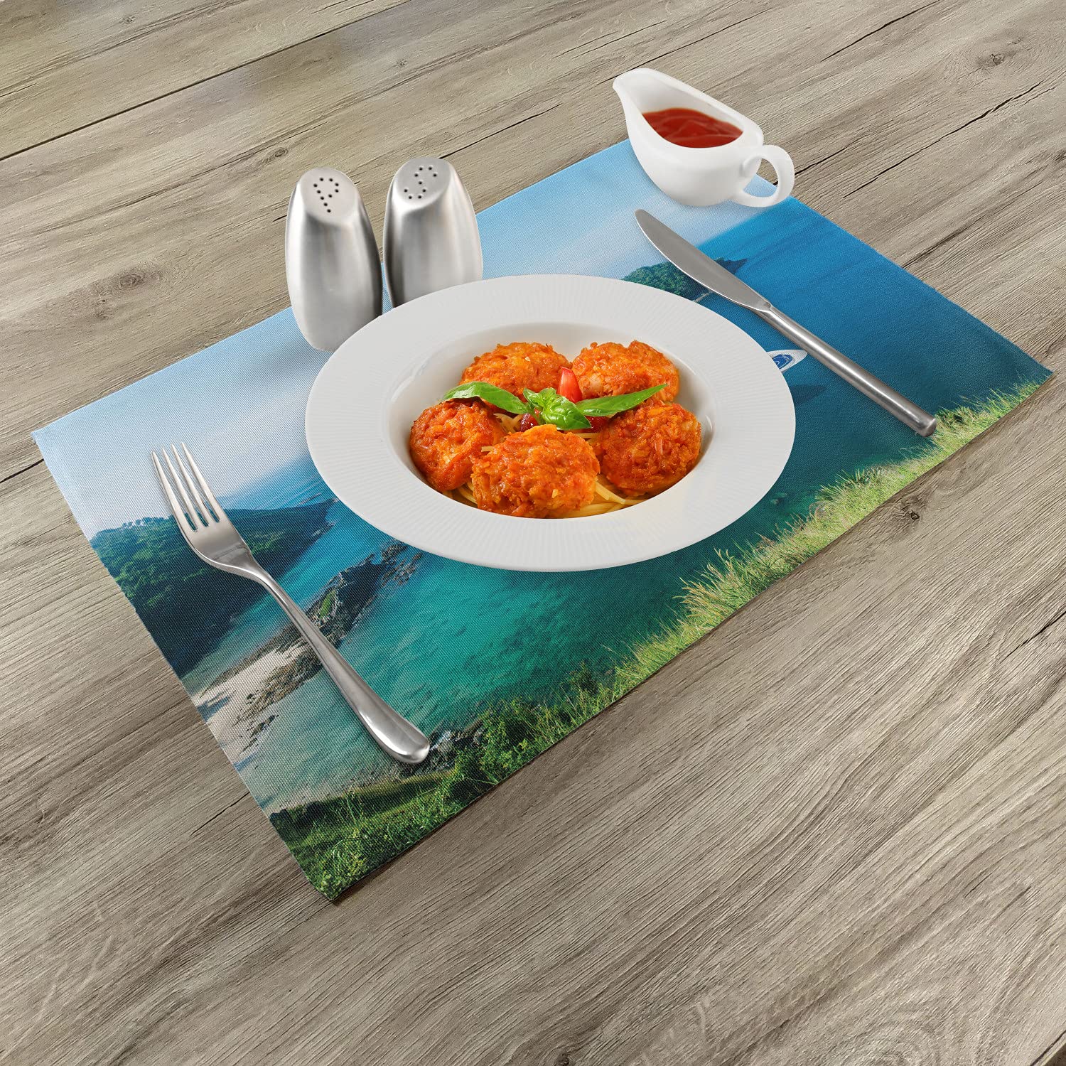 Ambesonne Cruise Ship Place Mats Set of 4 - Ocean Passenger Ship with Clear Blue Sky Summer Vacation Design - Washable Fabric Dining Table Placemats - Standard Size (Green Blue White) - Perfect for Cruise-Themed Parties, Summer Dining Decor, and Nautical Home Decor