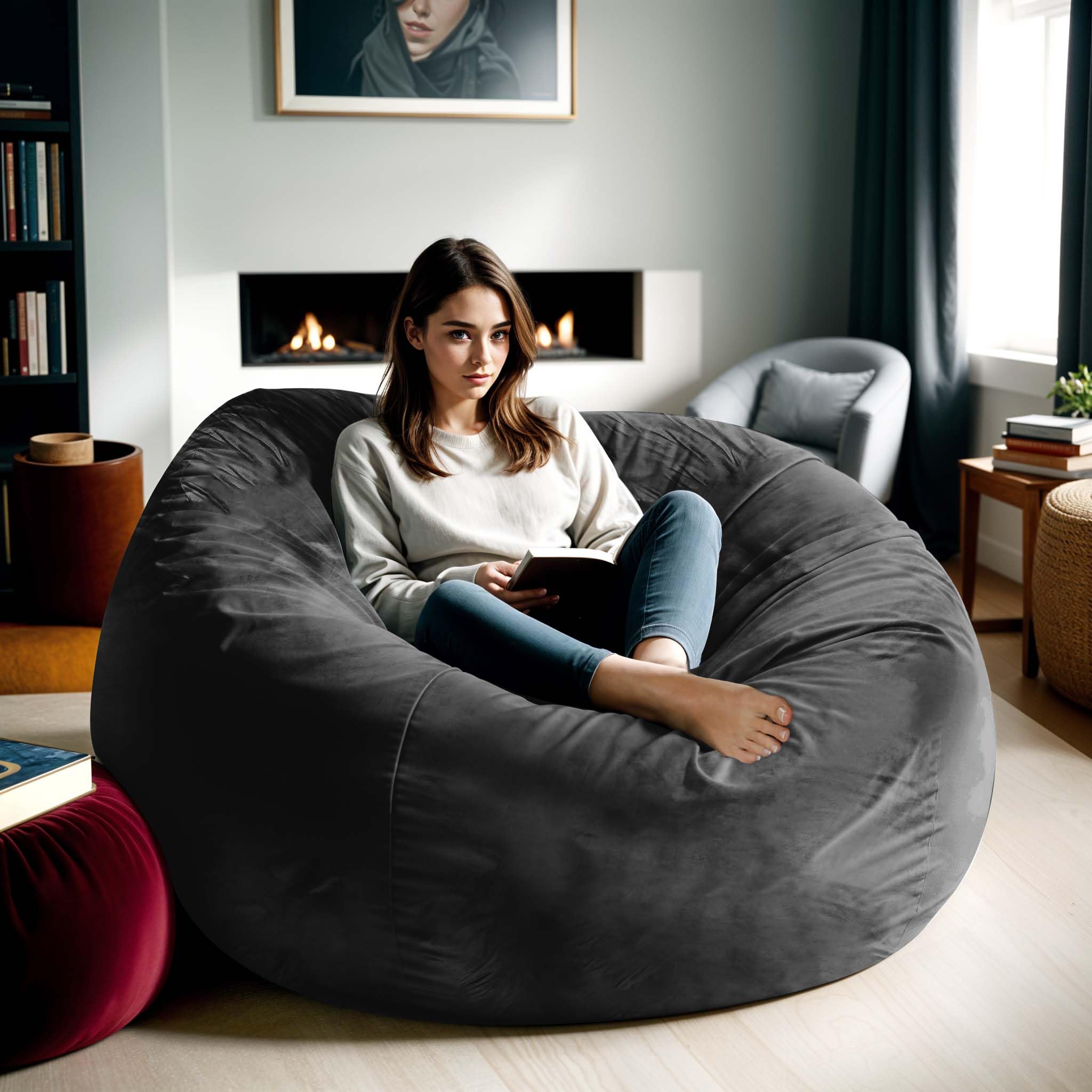 5FT Giant Memory Foam Bean Bag Chair for Adults & Teens - Oversized Lounger with Removable Dutch Velvet Cover (Black) - Perfect for Living Room, Bedroom, Game Room & Dorm Relaxation