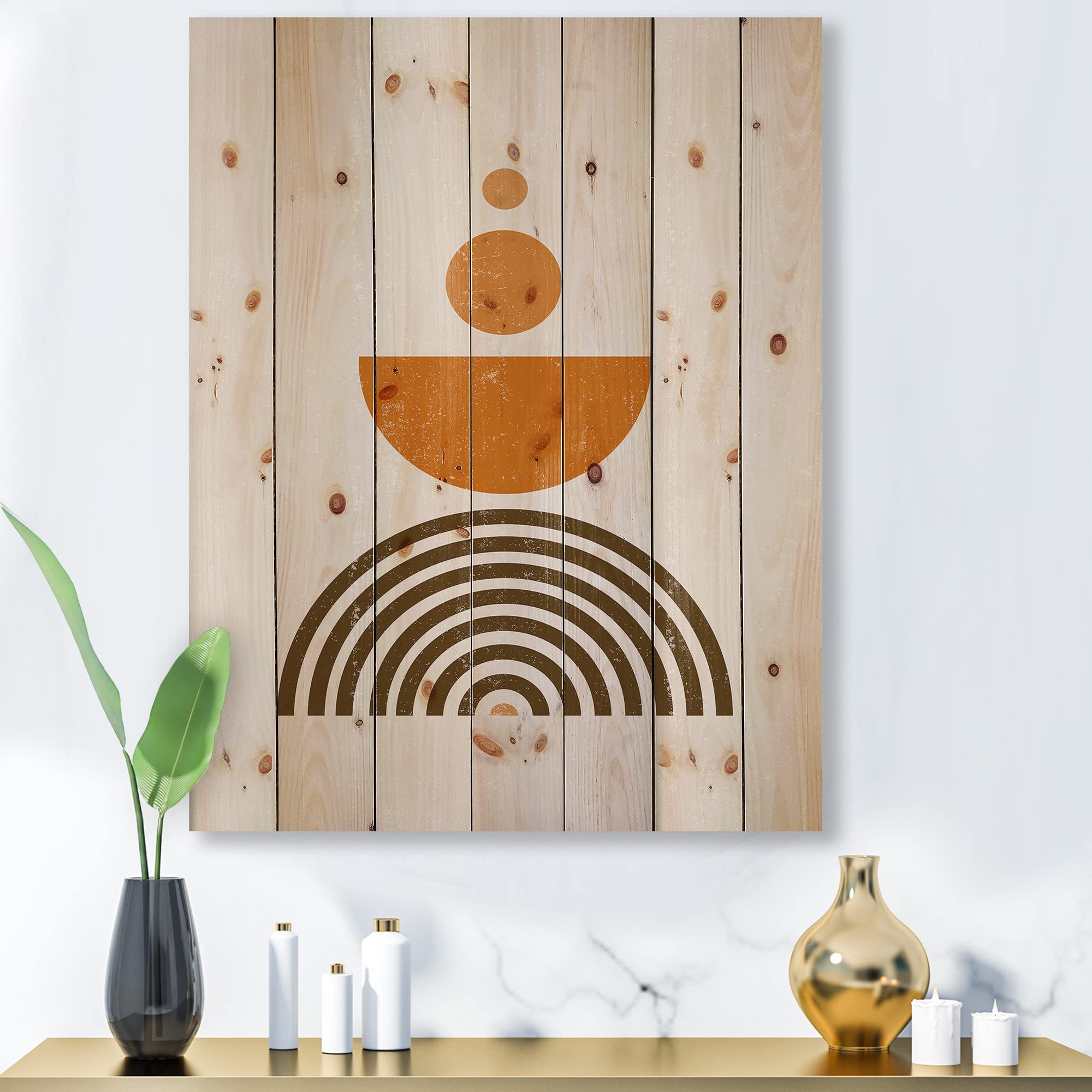Abstract Rainbow Sun and Moon Wood Wall Art - Earth Tone Modern Contemporary Decor, Large Geometric Pine Wood Panel for Living Room, Bedroom & Office