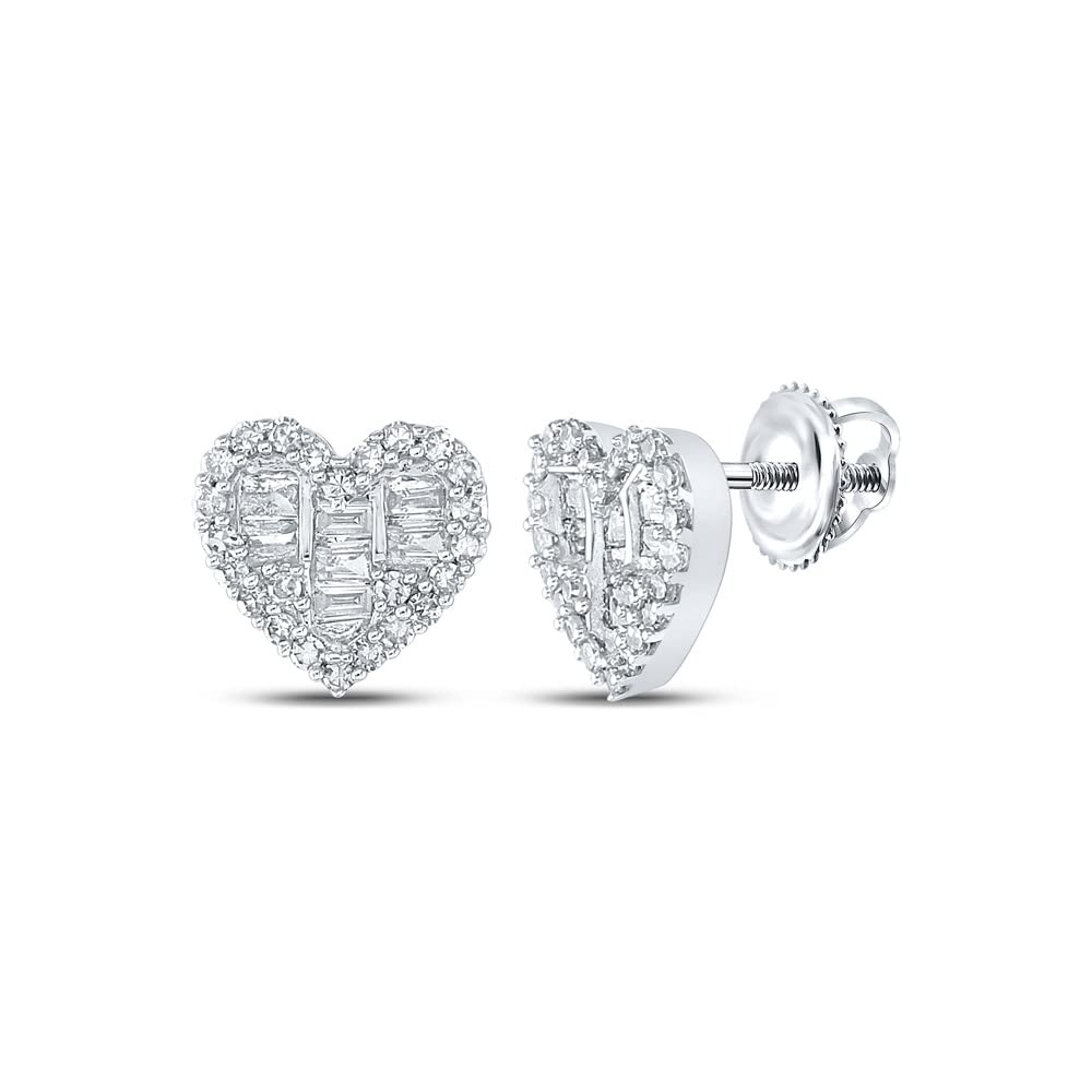 14K White Gold Baguette White Diamond Heart Earrings for Women - 3/8 Cttw, Dazzlingrock Collection | Elegant Valentine's Gift, Anniversary Jewelry & Special Occasion Accessories