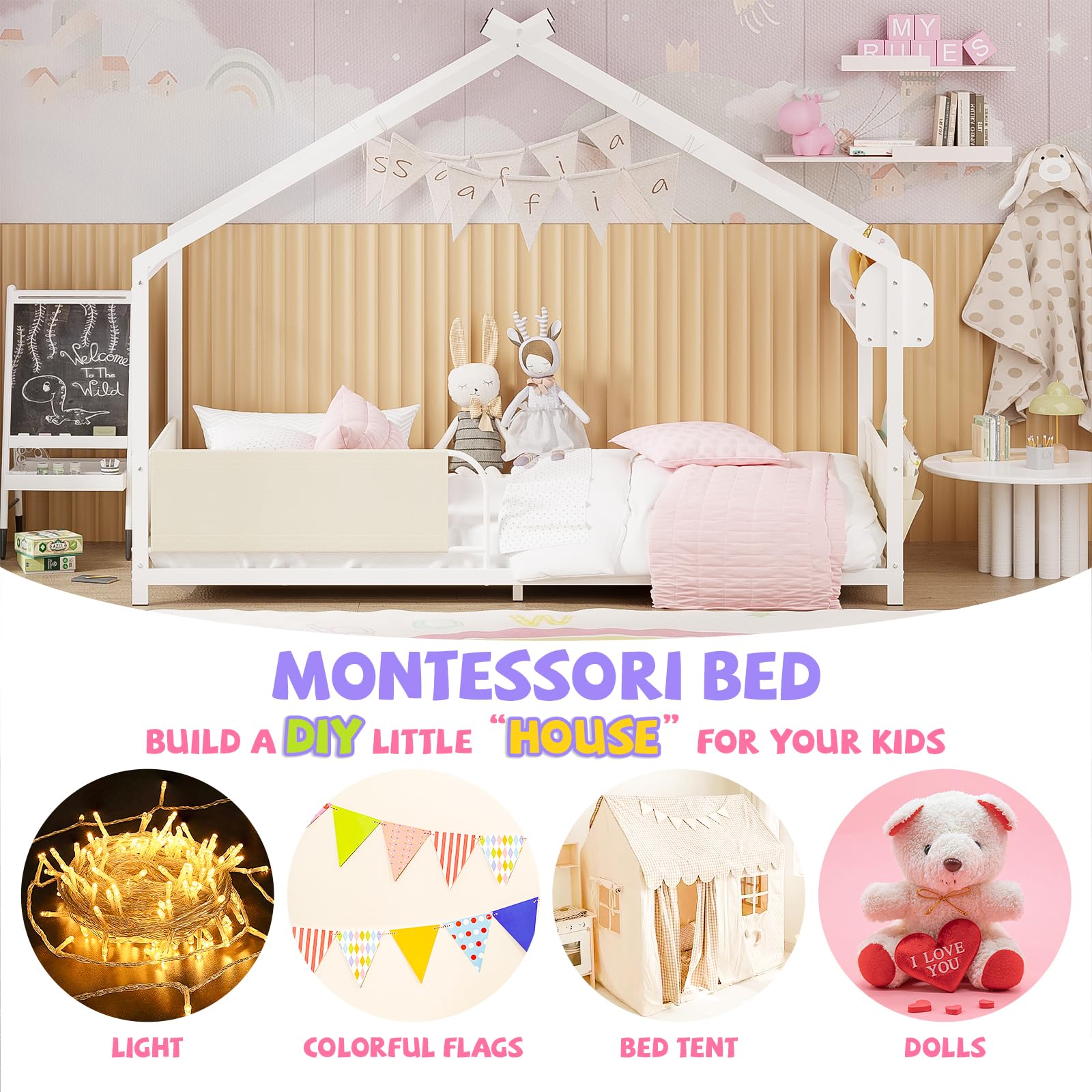Timy House Twin Size Montessori Metal Floor Bed with Storage Rack & Caddy - No Box Spring Needed White Kids Bed Frame - Perfect for Montessori Bedrooms, Small Spaces & Toddler Sleep Training