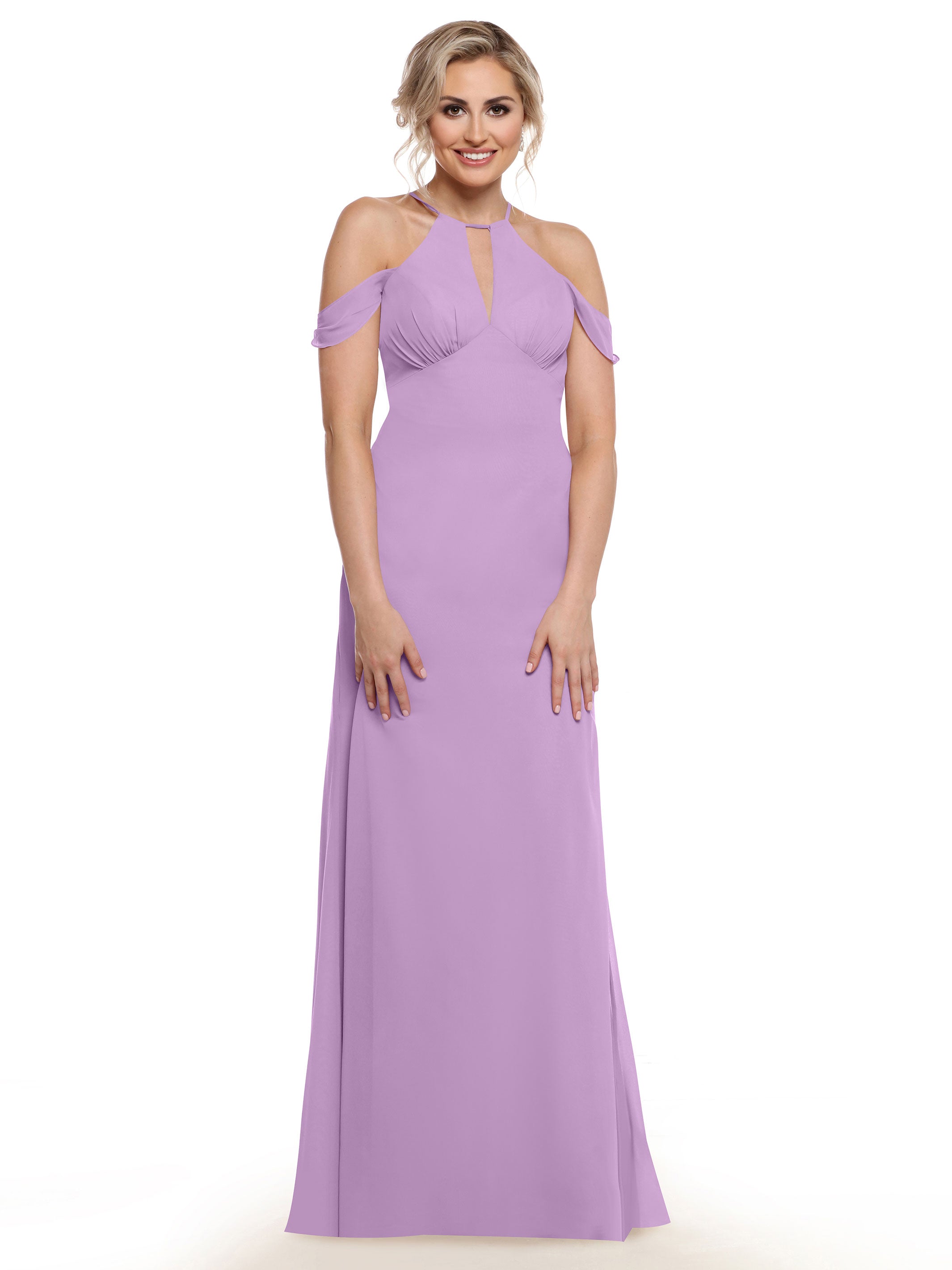 Elegant Off-The-Shoulder Chiffon Bridesmaid Dress with Halter Neckline - Perfect for Weddings, Prom & Formal Events | Style 80148