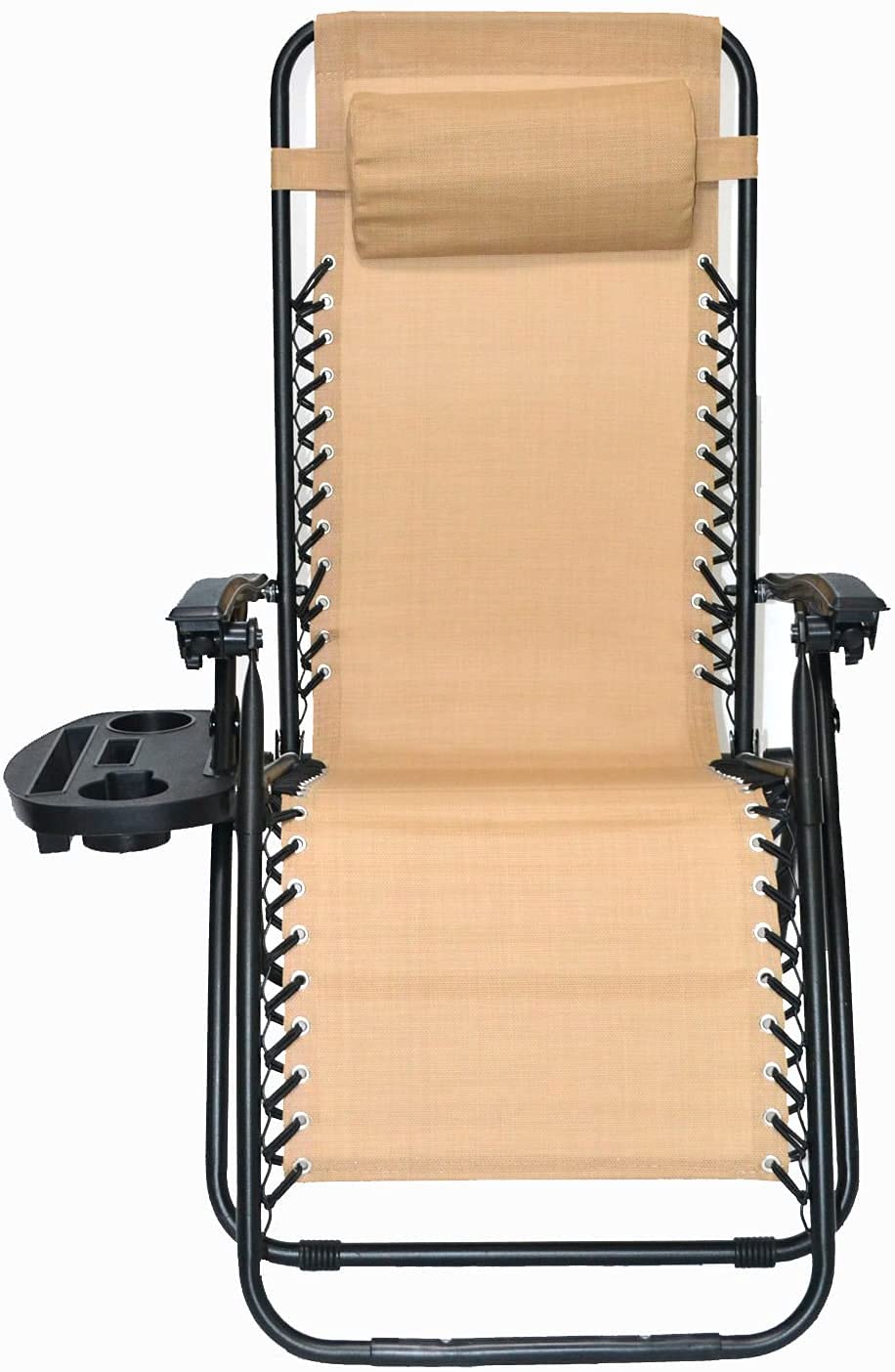BTEXPERT Adjustable Steel Mesh Zero Gravity Lounge Chair - Outdoor Patio Recliner for Beach, Yard & Garden - Includes Pillow, Utility Tray & Cup Holder - Tan Beige (1-Piece) - Perfect for Relaxing by Pool, Sunbathing or Backyard Lounging