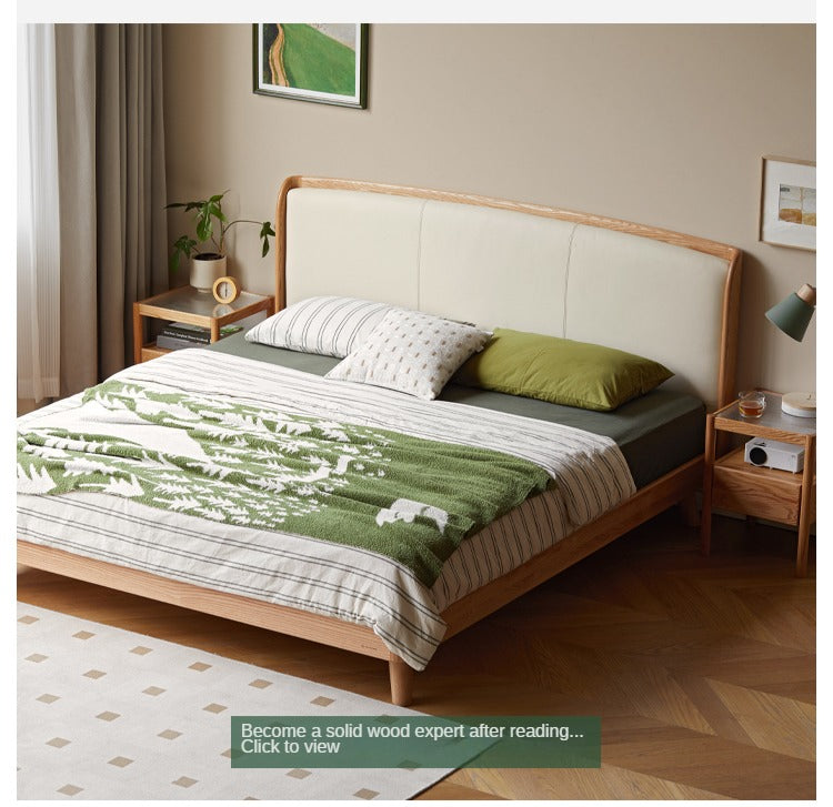 Premium Solid Oak Wood Bed Frame with Genuine Leather Headboard & Tech Fabric Upholstery - Modern Bedroom Furniture for Master Suite, Guest Room, or Apartment