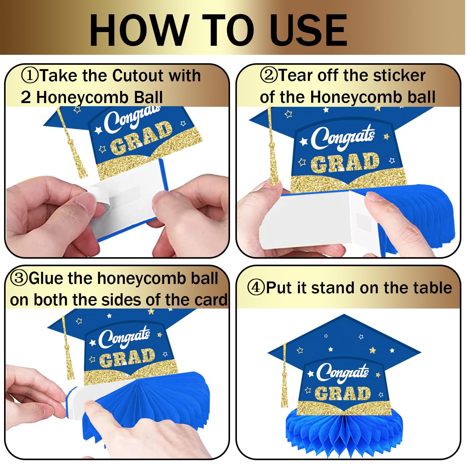 2025 Graduation Party Decorations - 9-Piece Blue & Gold Honeycomb Centerpieces for Graduation Ceremony, Congrats Grad Decor - Perfect for Graduation Party, School Events & Home Celebration