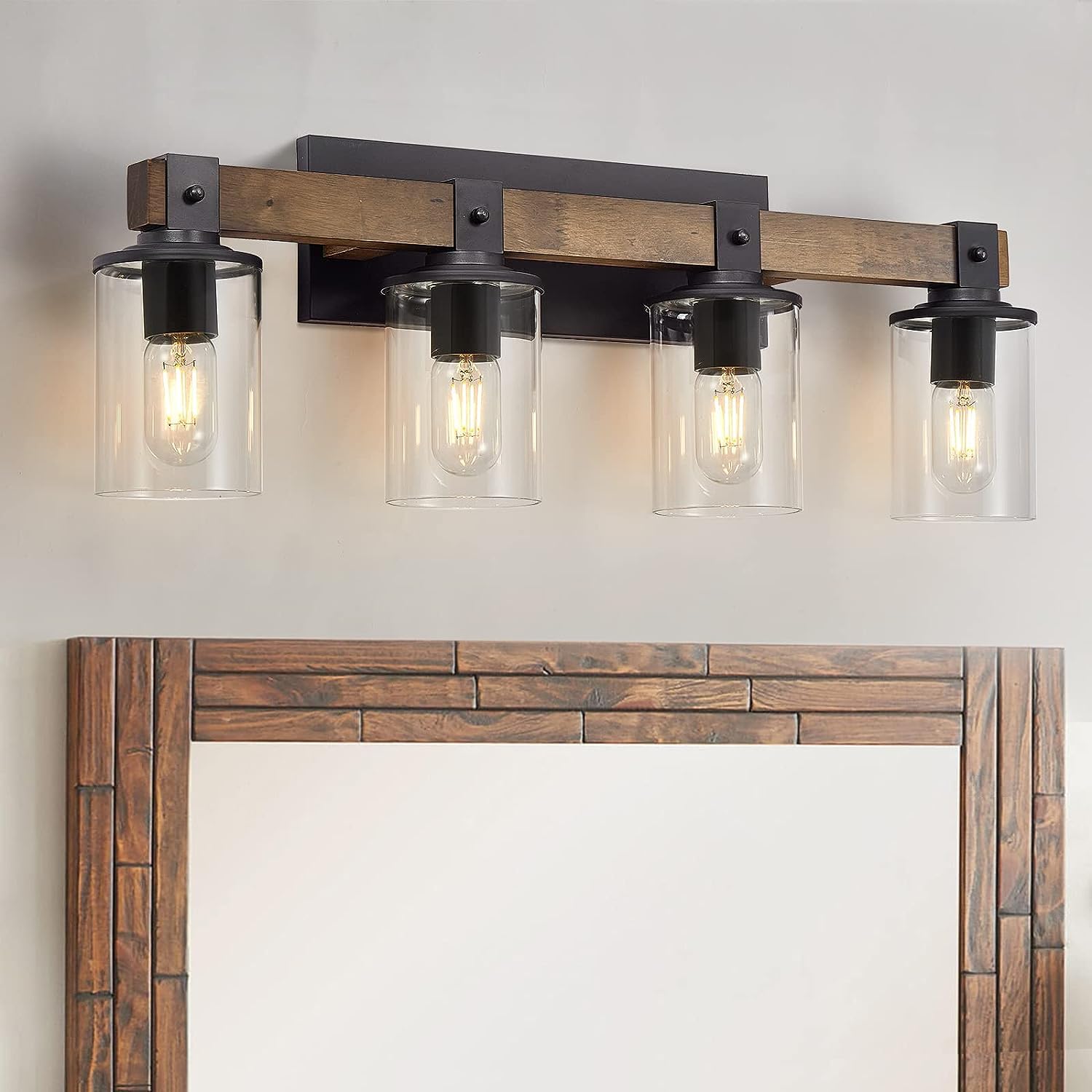 DADUL 4-Light Farmhouse Bathroom Vanity Light Fixture - Rustic Wood Wall Sconce with Clear Glass Shade for Bathroom, Living Room, Kitchen & Industrial Decor - Perfect for Vintage, Modern & Farmhouse Style Homes