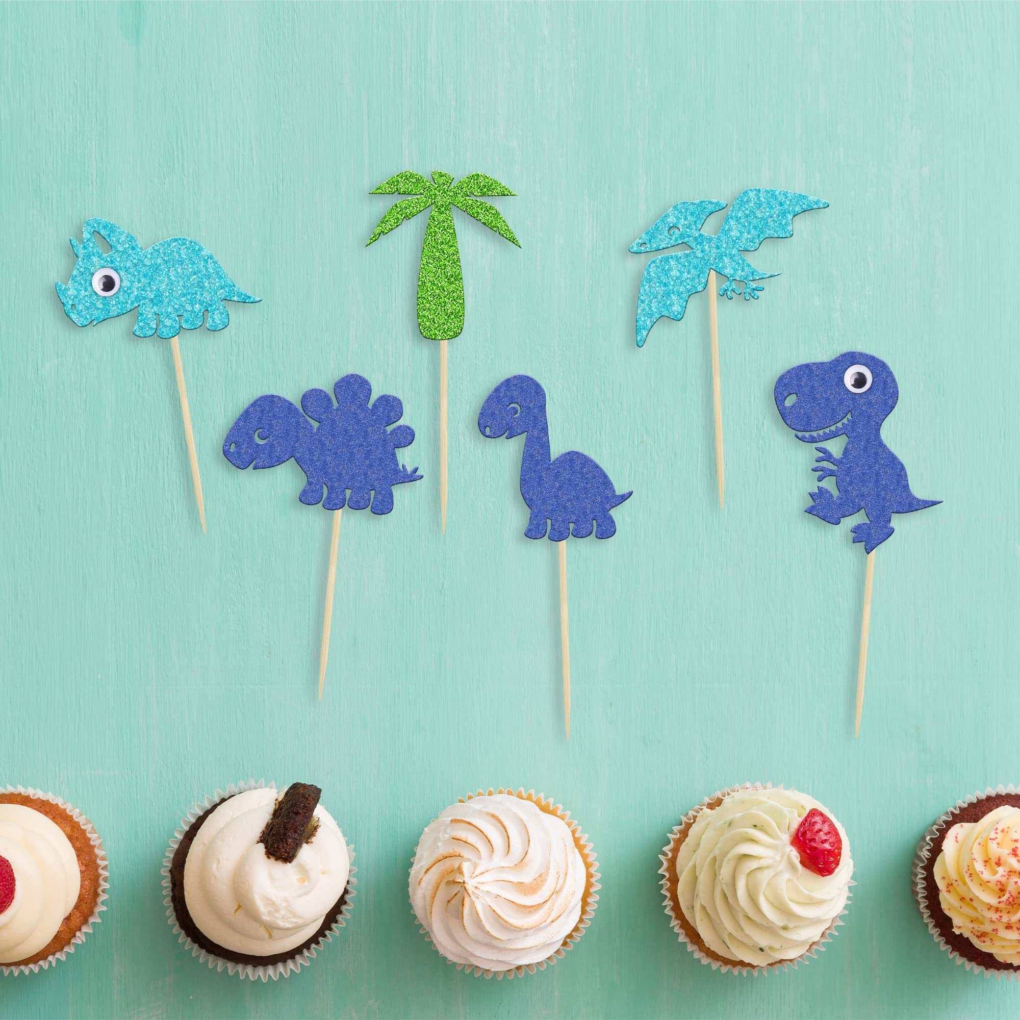 24Pcs Blue Glitter Dinosaur Cupcake Toppers - Cute Baby Shower & Birthday Party Decorations - Dinosaur Cake Toppers for Kids Birthday, Baby Shower, Dinosaur Theme Party Supplies (Perfect for Cake Decorating, Cupcake Picks, Party Favors)