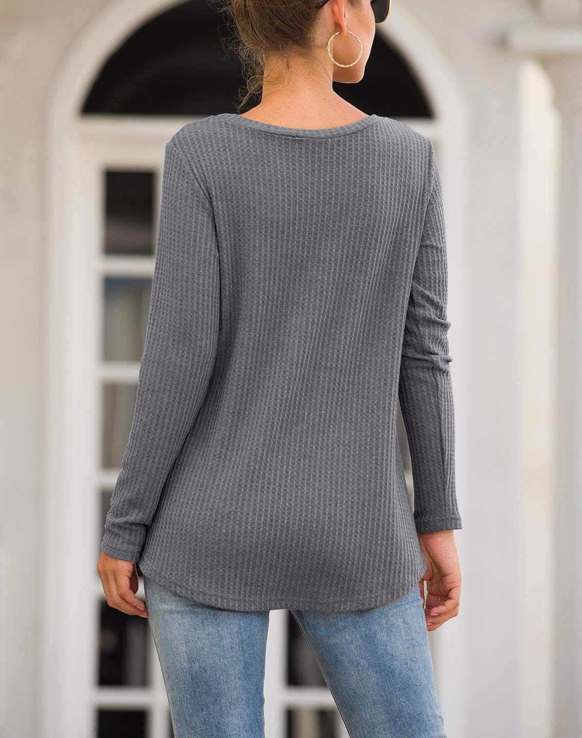 Neineiwu Women's Casual Long Sleeve Twist Knot Waffle Knit Shirt - Loose Blouse Top for Fall & Winter | Cute Office Wear & Weekend Outfits