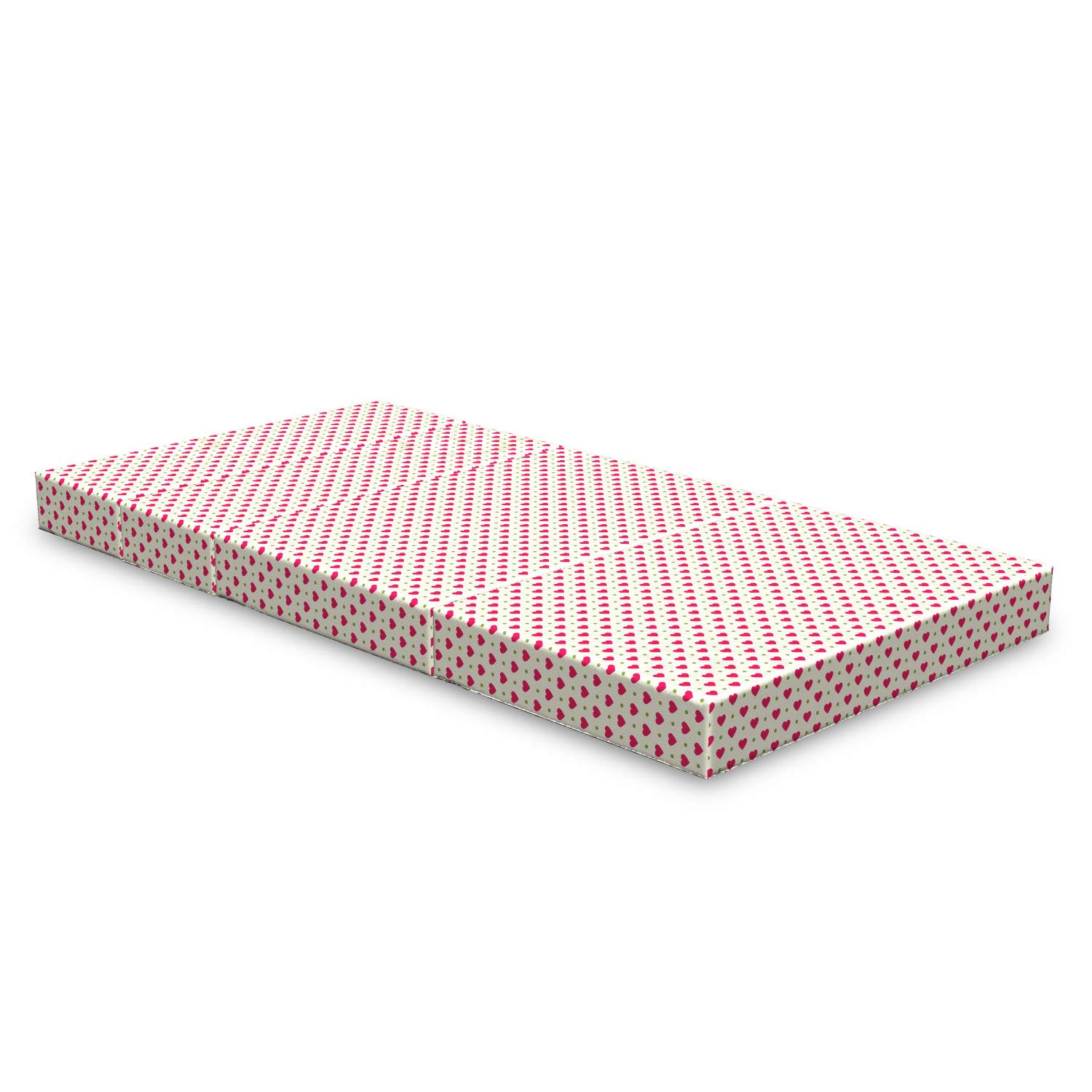 Ambesonne Valentine's Day Foldable Mattress - Romantic Heart Dots Design, 74.8 x 39.4 Inches, Eggshell Magenta & Green - Perfect for Guest Beds, Sleepovers & Dorm Rooms