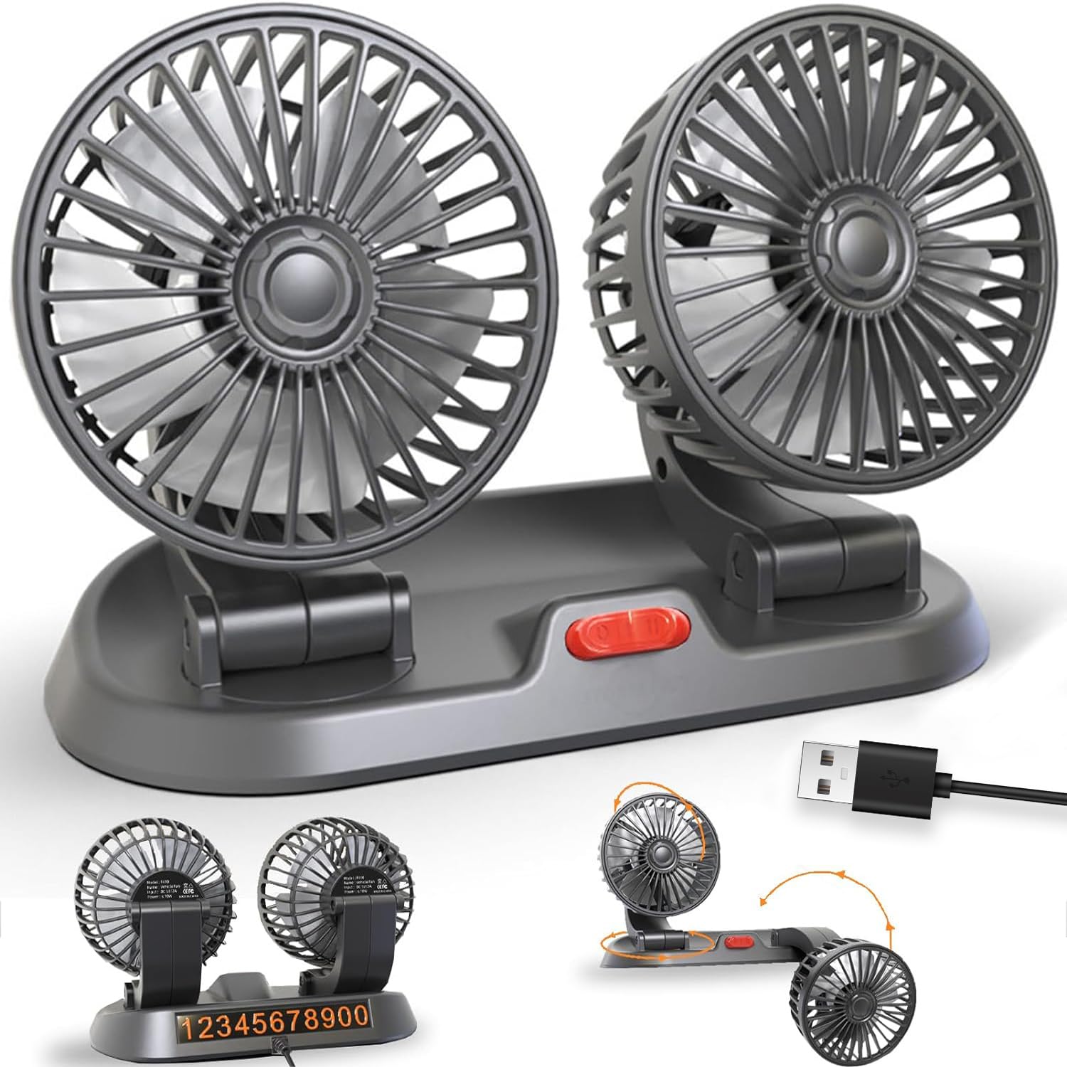 2024 Dual Head USB Car Fan - Portable Brushless Motor Vehicle Cooling Fan with 2 Speeds & 360° Rotation | USB Powered for Car Dashboard, SUV, RV, Truck, Sedan | Perfect for Road Trips, Office & Home Use (Black)