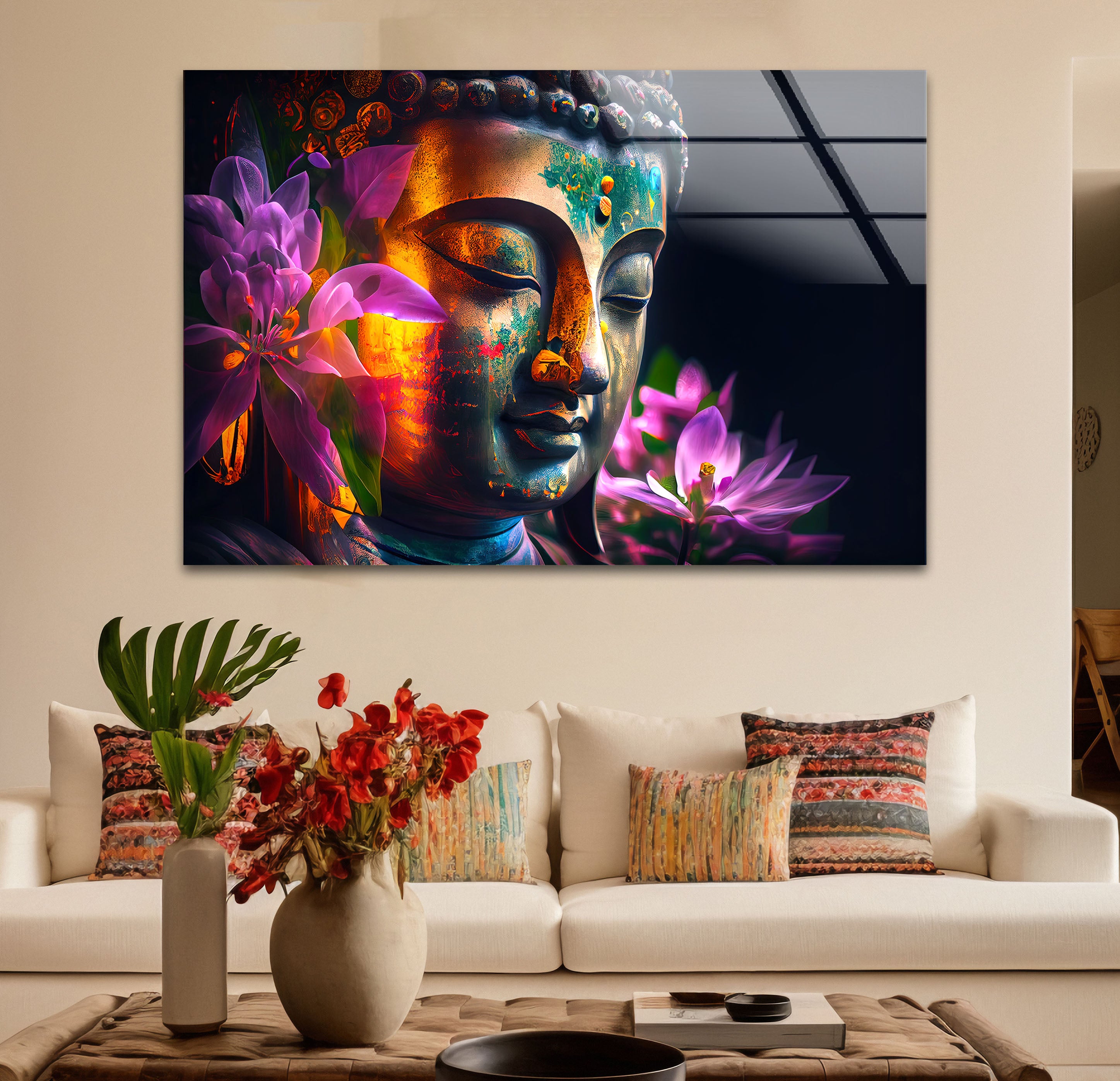 Vibrant Buddha Wall Art - Floral Enlightenment Glass Print for Home & Office Decor | Meditation Room & Yoga Studio Wall Hanging