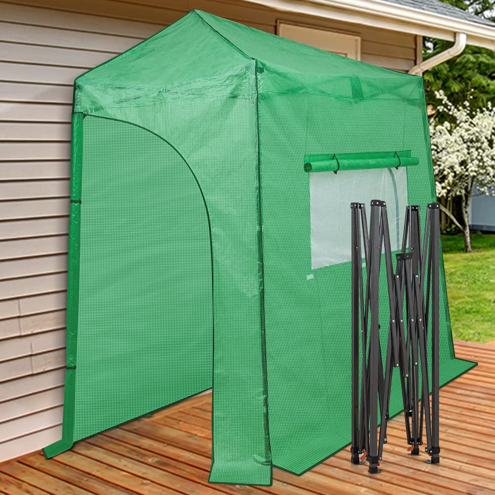 EAGLE PEAK 9x4 Lean-to Portable Walk-in Greenhouse - Pop Up Indoor Outdoor Garden Greenhouse with Zippered Doors & Windows, PE Cover (Green) - Perfect for Backyard Gardening, Plant Protection & Year-Round Growing