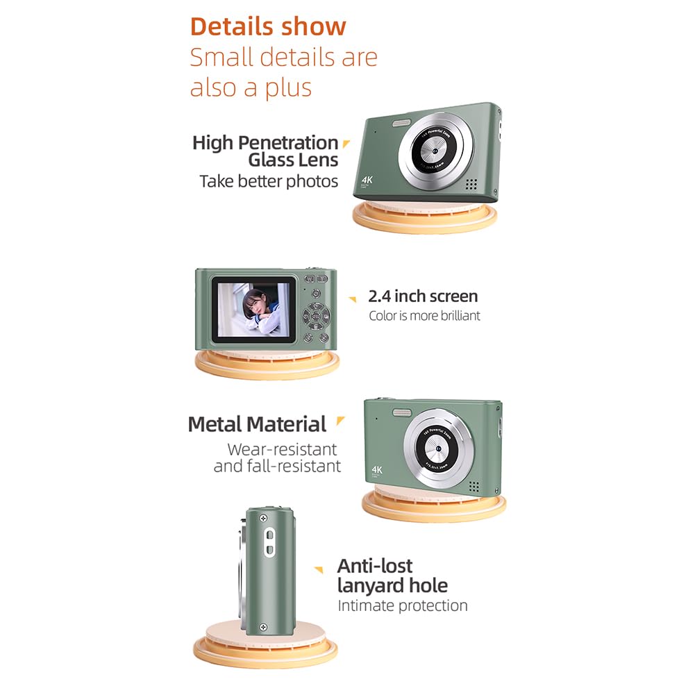 Fegtrtyoa HD 1080P 2.4 Inch Digital Camera - 16x Zoom Rechargeable Compact Camera with 240x320 Resolution (Green) | Perfect for Travel, Vlogging & Everyday Photography