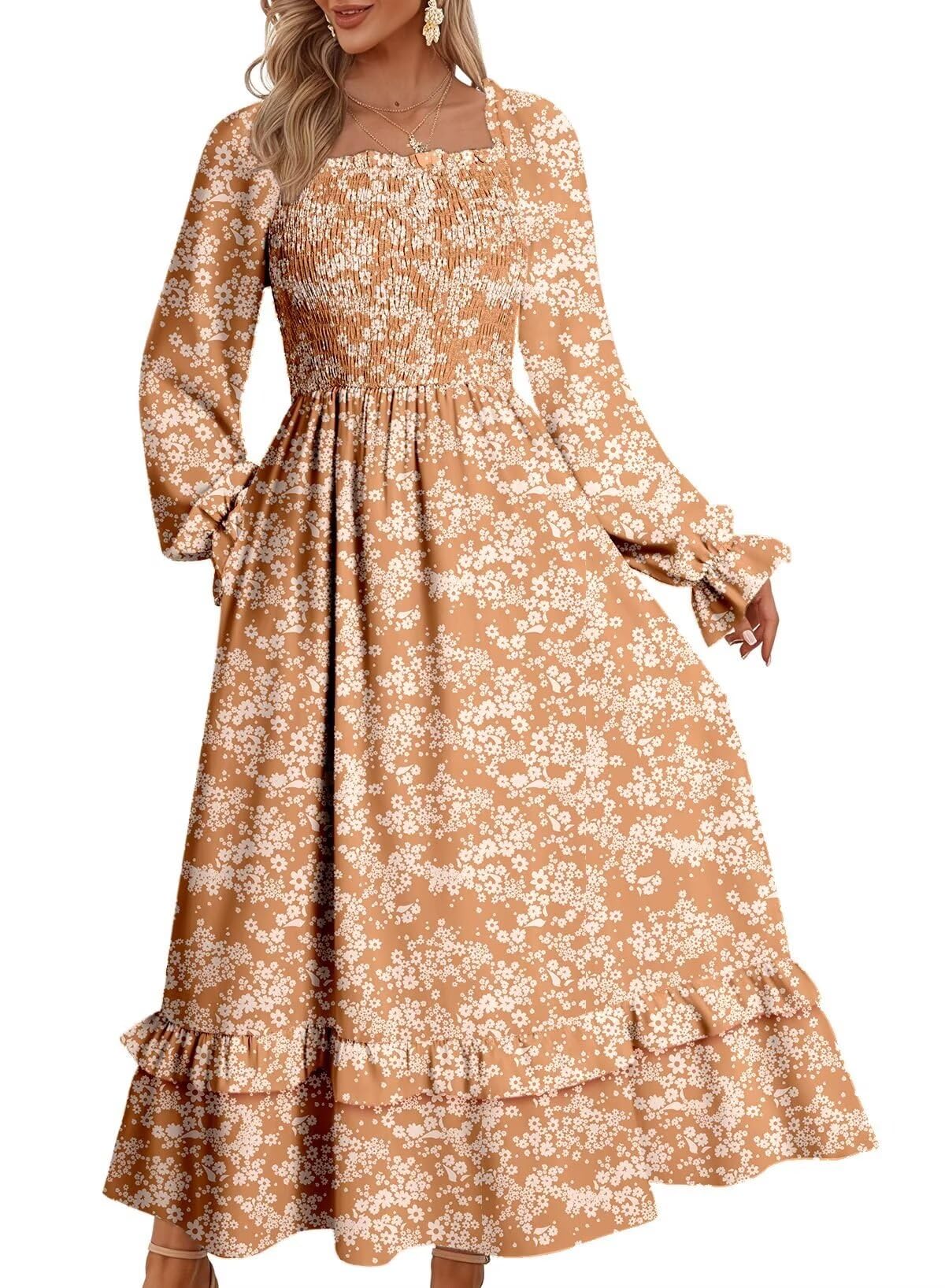 Dokotoo Women's Floral Maxi Dress with Square Neck, Long Sleeves & Smocked Waist - Casual Spring Tiered Ruffle Hem Dress for Outdoor Events, Date Nights & Vacation Wear