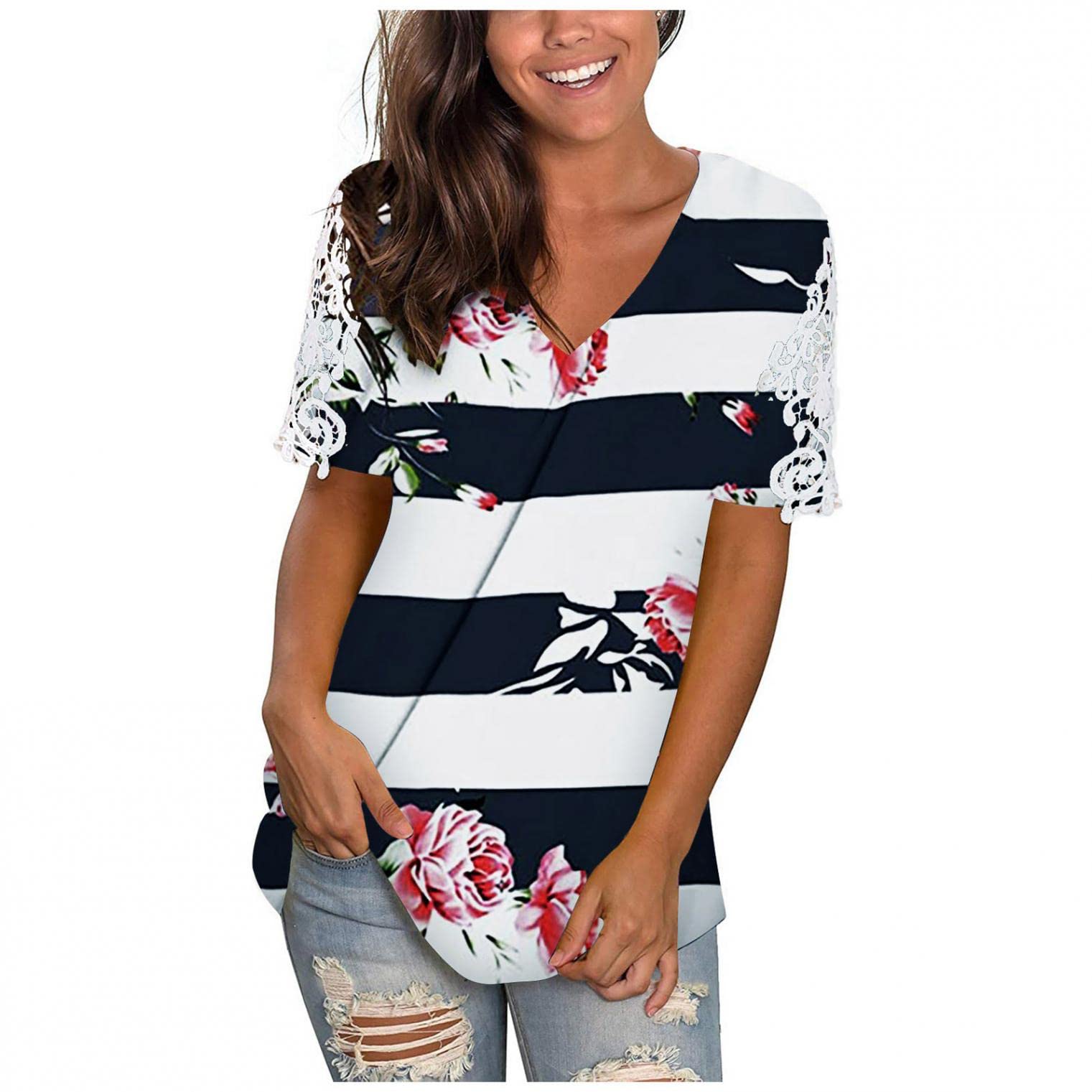 Trendy Women's Casual Summer Tops - V Neck Loose Fit Short Sleeve Tees with Hollow Out Lace Design | Perfect for Beach Outings, Date Nights & Everyday Wear