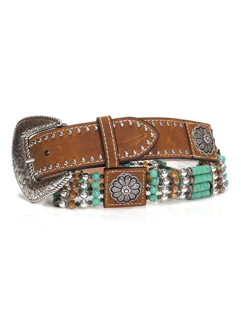 Nocona N3412744 Women's Beaded Floral Concho Western Belt - Brown Leather Cowgirl Belt for Western Outfits & Rodeo Events