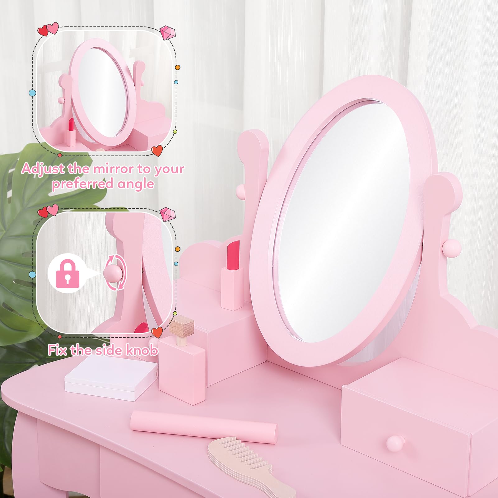 Pink Wooden Kids Vanity Set with Mirror, Makeup Table & Stool for Girls Ages 4-9 | Pretend Play Dress Up Station | Birthday Gift for Little Princess | Perfect for Bedroom Decor & Role Play Games