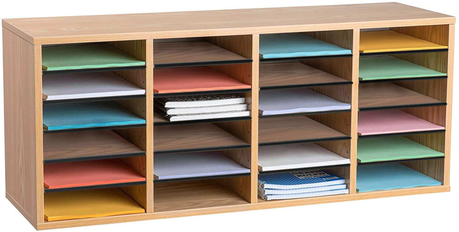 AdirOffice Wooden Adjustable Literature Organizer - 24 Compartment Mailbox for Office & Classroom - Medium Oak Finish - Perfect for Organizing Files, Books, and Mail in Workspaces or Schools