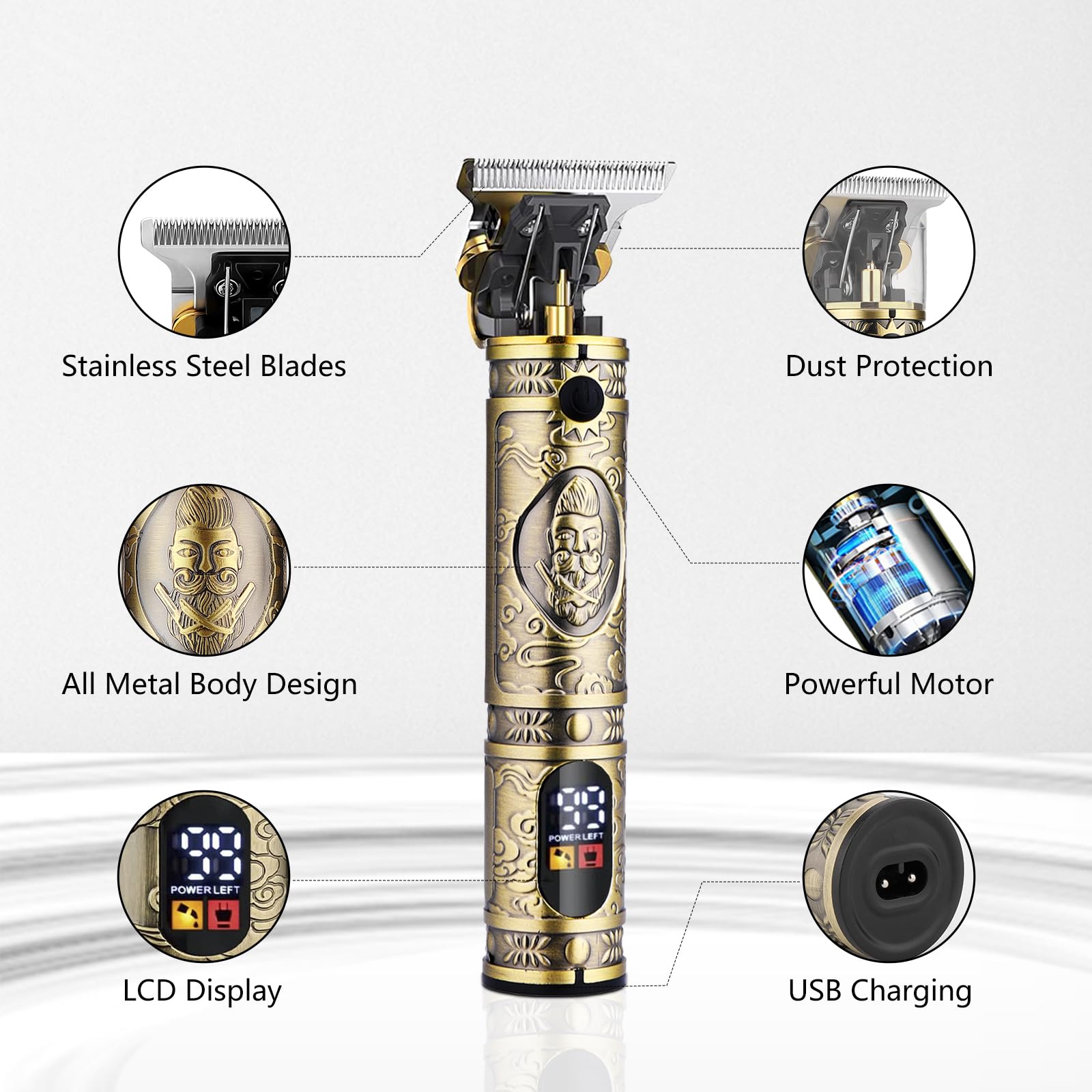 Soonsell Professional Hair Clippers for Men - T-Blade Trimmer & Nose Hair Trimmer Set with LCD Display - Electric Razor for Precise Hair Cutting & Grooming (Bronze) - Perfect for Home Barbering, Beard Trimming, and Personal Grooming