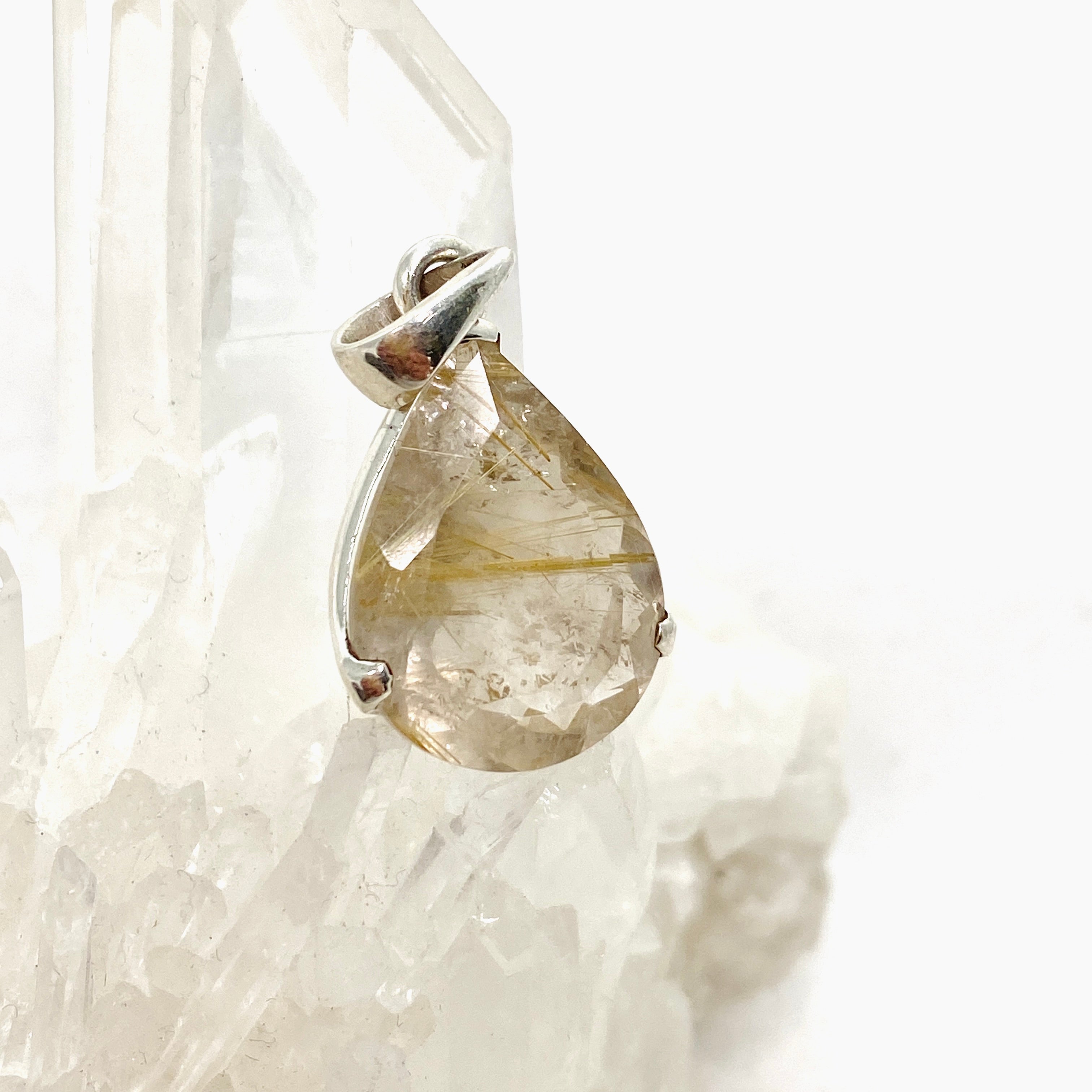 Natural Rutilated Quartz Teardrop Faceted Pendant Necklace - PPGJ842 - Perfect for Spiritual Healing, Meditation & Boho Jewelry Collection