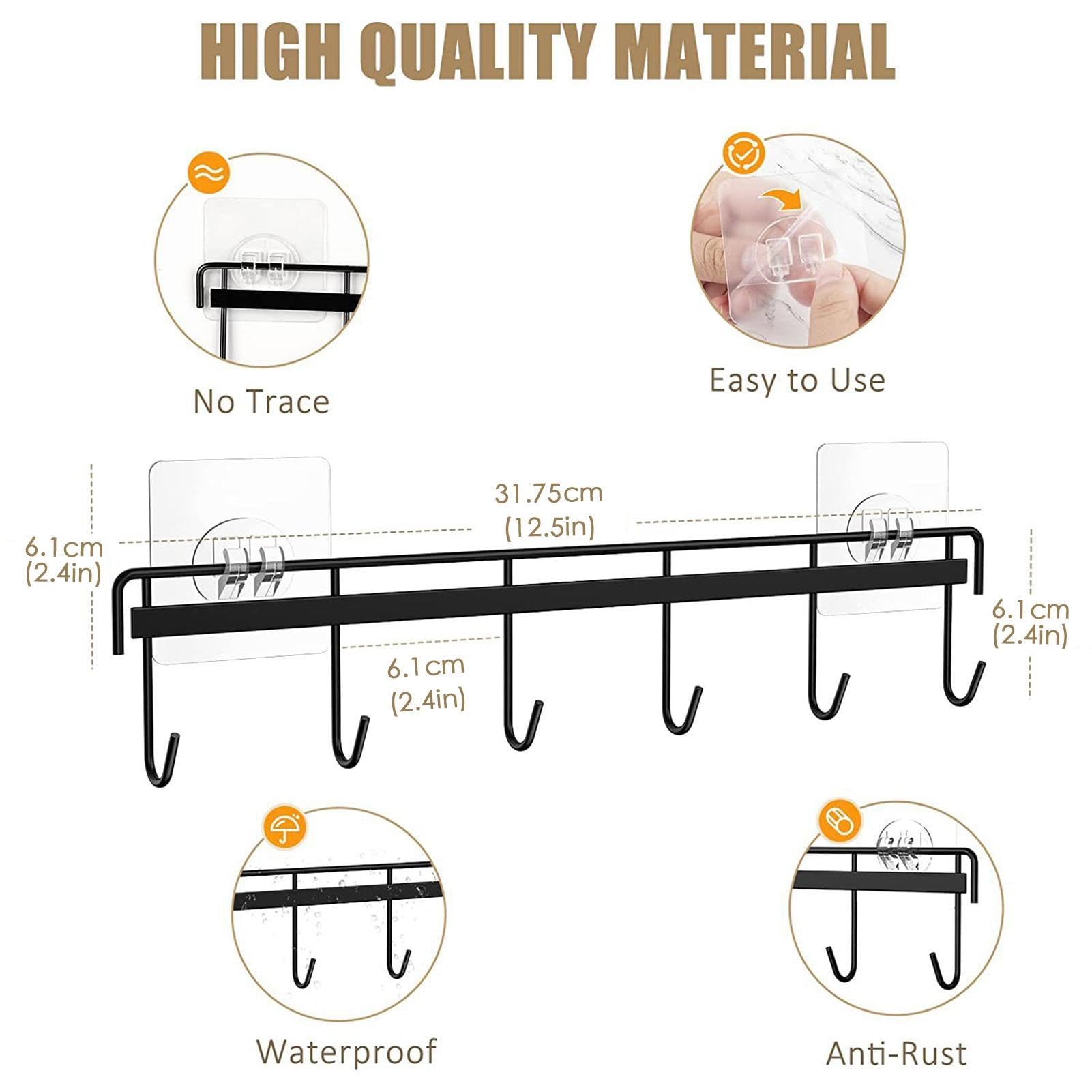 Strong Adhesive Wall Hooks Rack - No Drill Kitchen Utensil Holder with 6 Hooks - Space Saving Wall Mounted Organizer for Spoons, Knives, Towels - Perfect for Small Kitchens, Dorms, RVs & Bathrooms