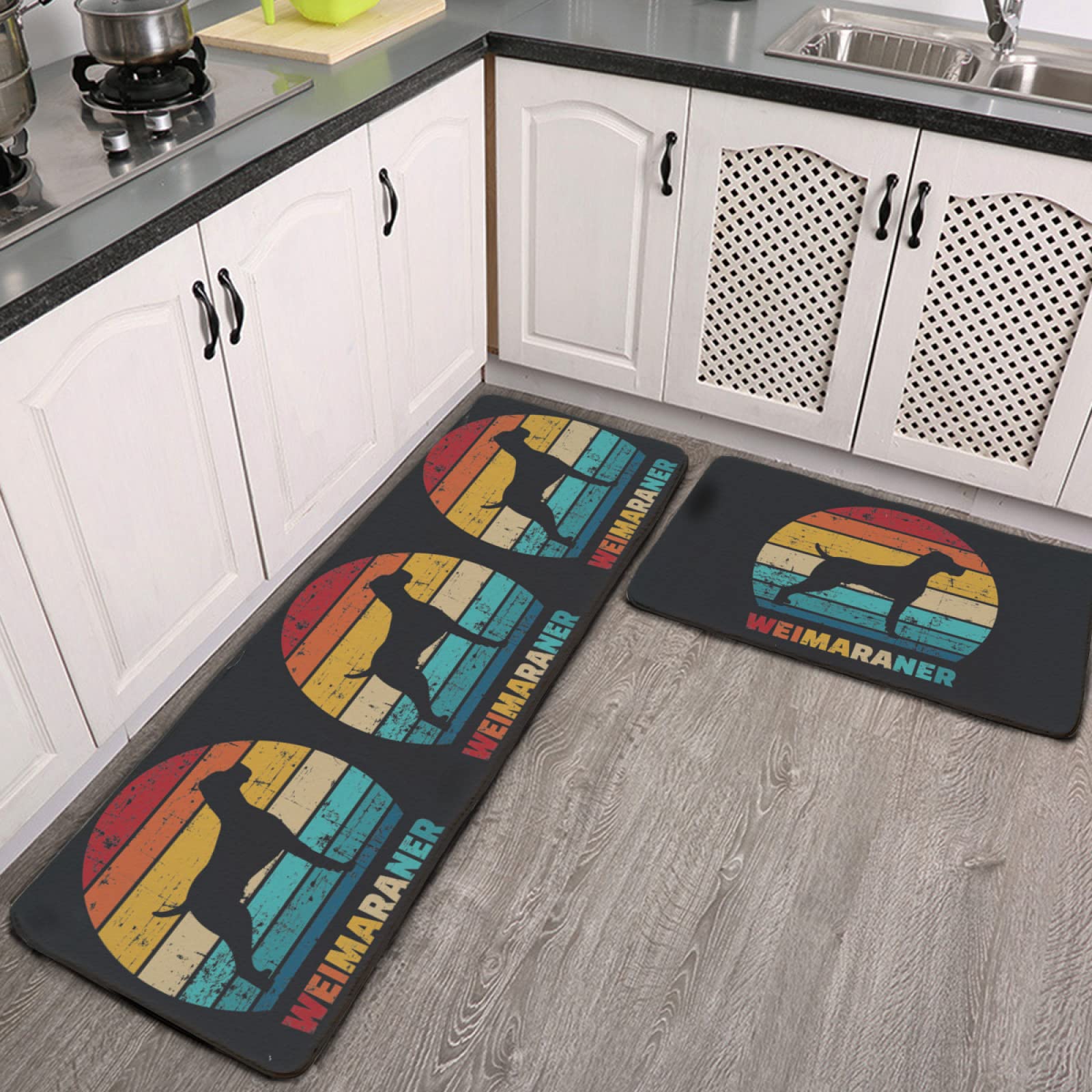 Retro Weimaraner Dog Non-Slip Kitchen Rug - Waterproof Oilproof Cushioned Floor Mat for Sink Area, Easy to Clean Pet-Friendly Home Decor - Perfect for Kitchen, Living Room & Entryway (2-Pack)