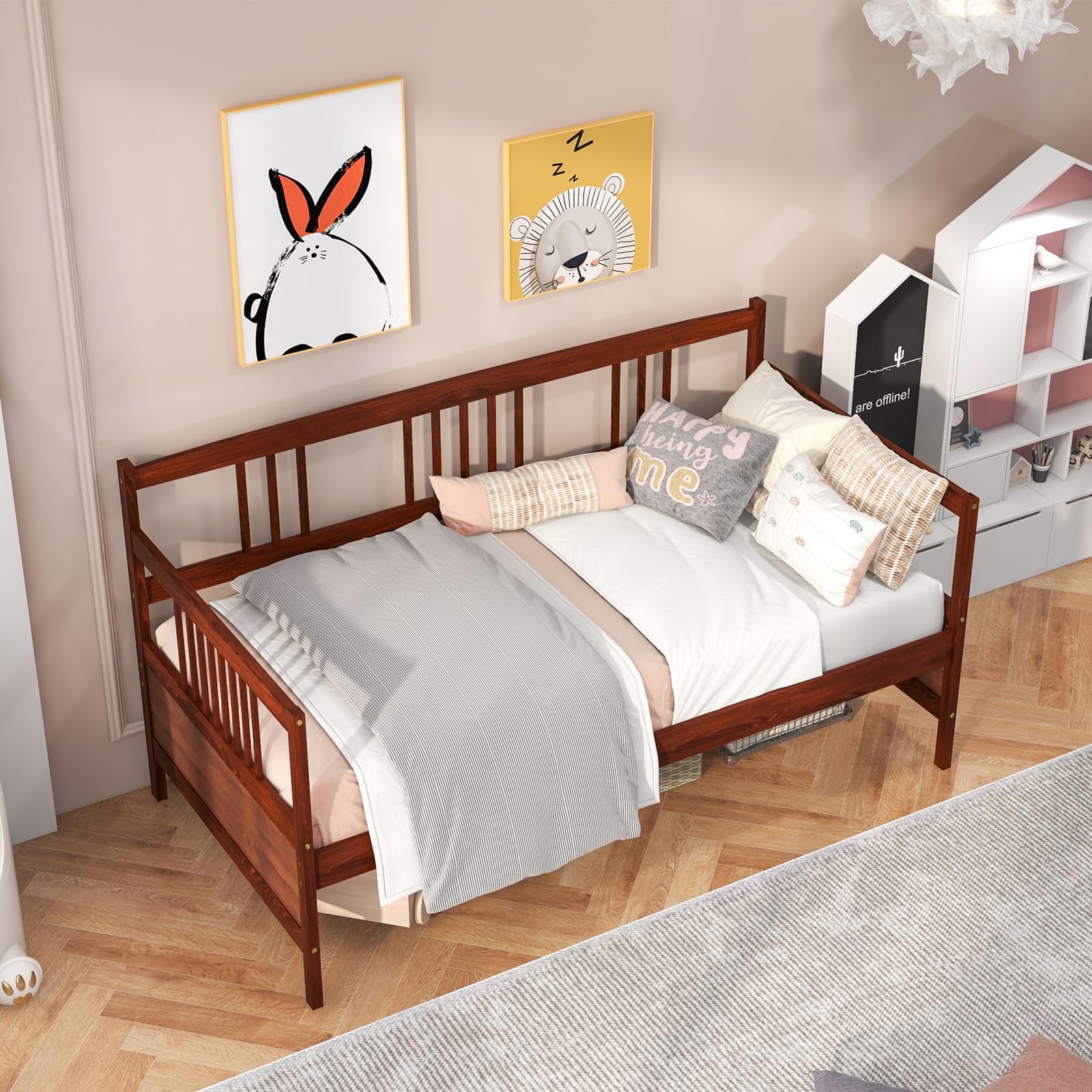 Giantex Twin Size Wooden Daybed Frame with Rails & Slat Support - Convertible Sofa Bed for Guest Room, Living Room or Bedroom - No Box Spring Needed - Cherry Finish - Perfect for Small Spaces, Sleepovers & Multi-Functional Furniture Needs