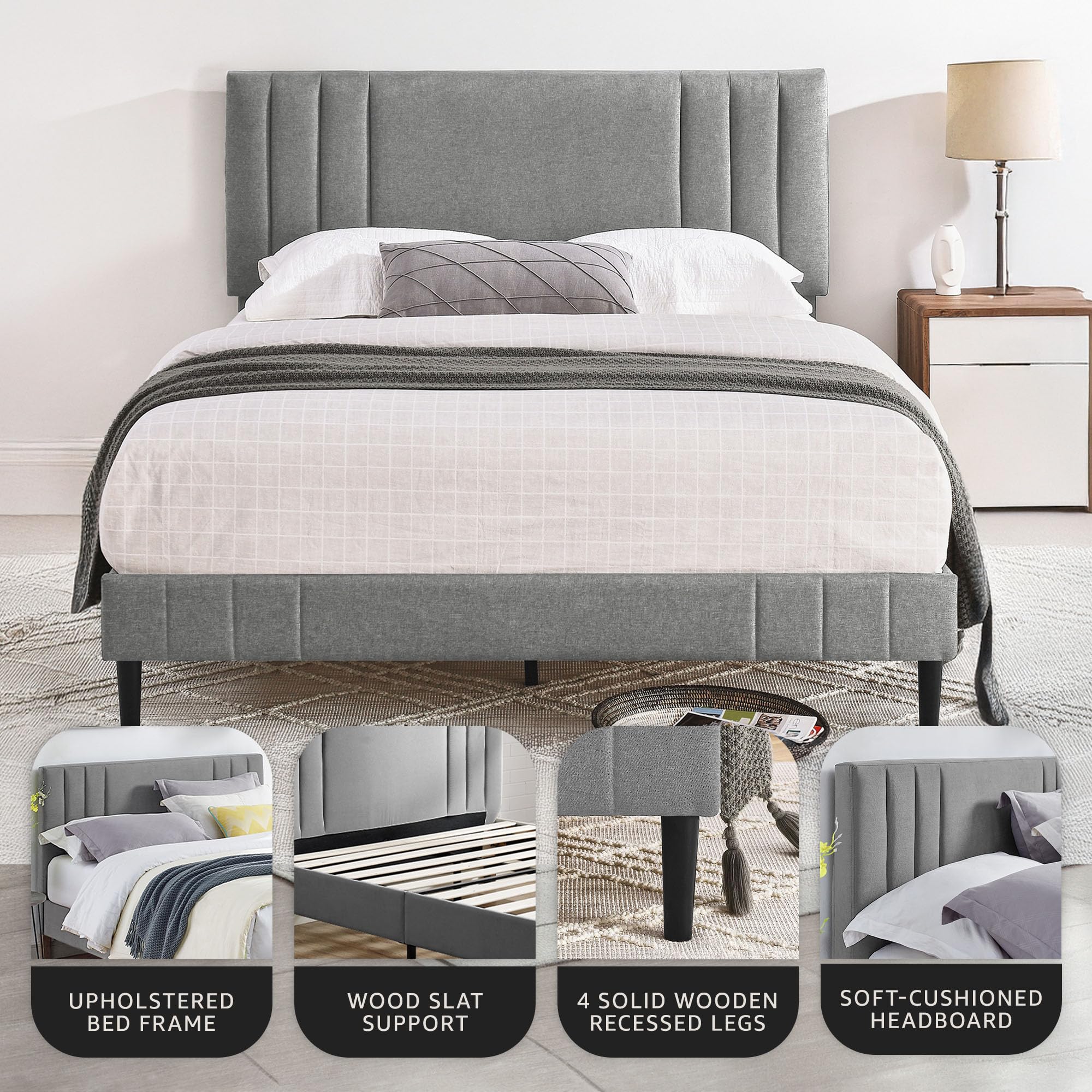 Modern Tufted Upholstered Queen Bed Frame with Platform - Grey Fabric Headboard for Chicago Style Bedroom | Perfect for Master Bedroom, Guest Room & Apartment Decor