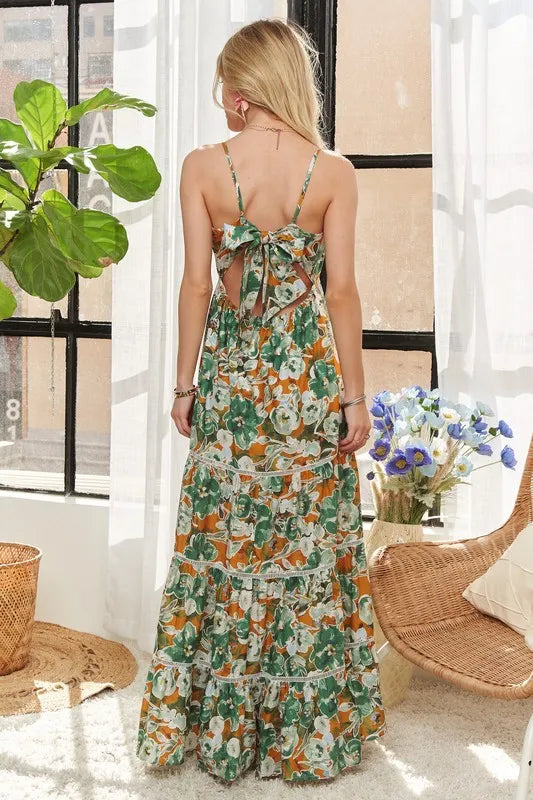 Floral Print Drawstring Waist Maxi Dress - Elegant Summer Beach Dress for Women, Perfect for Vacations, Weddings & Outdoor Events