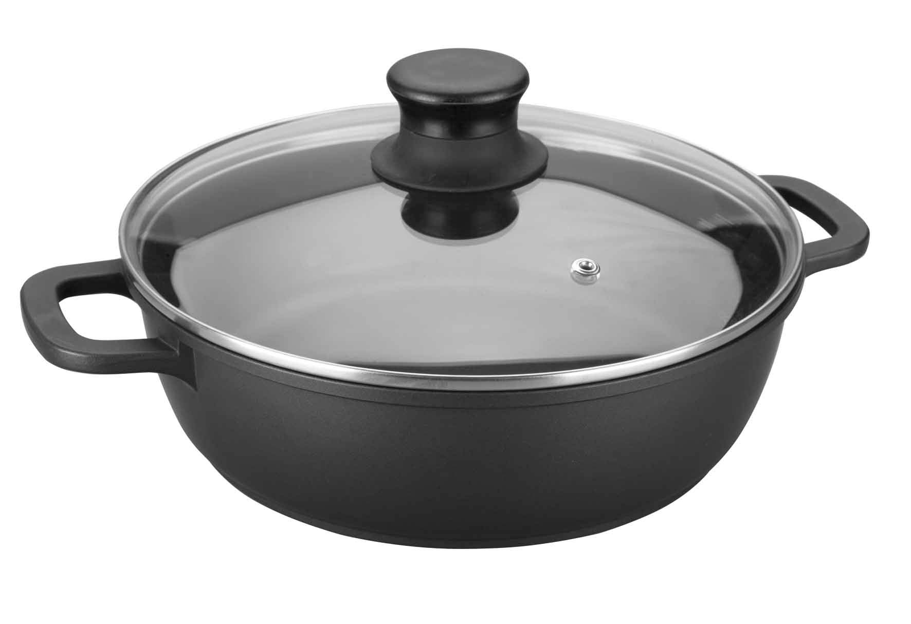 38cm Black Cast Aluminum Casserole Pot with Glass Lid - 11cm Deep Low Profile Dutch Oven for Baking, Roasting & Serving | Oven & Stovetop Safe