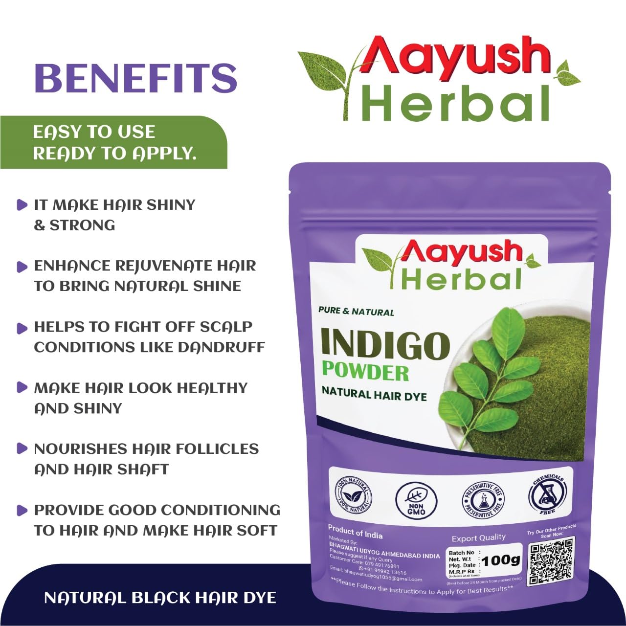 Oree Aayush 100% Natural Herbal Indigo Powder for Hair - Chemical-Free Black Hair Dye (100g) | Safe Gray Coverage & Hair Coloring for Men & Women | DIY Home Hair Treatment