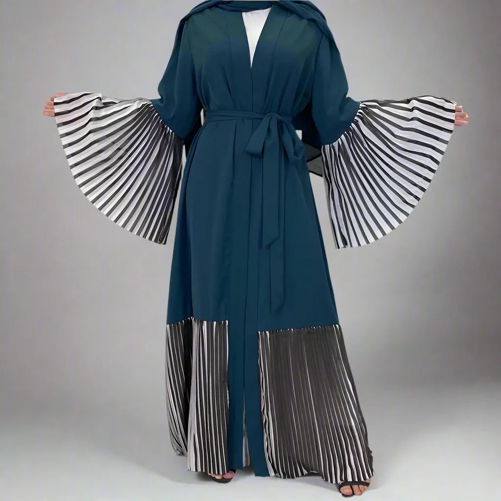 Elegant Muslim Women's Pleated Cardigan Open Nida Abaya Dress - Modest Islamic Fashion for Prayer, Home & Special Occasions