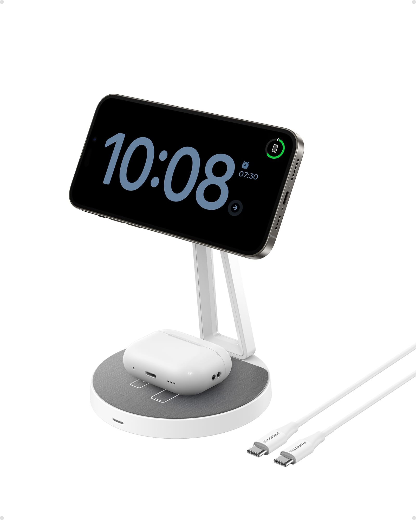 PISEN 2-in-1 MagSafe Charging Stand - 15W Fast Wireless Charger for iPhone 16/15/14/13/12, Samsung Galaxy, AirPods | Magnetic Charging Station with Fiber Surface | Perfect for Home, Office & Nightstand Charging