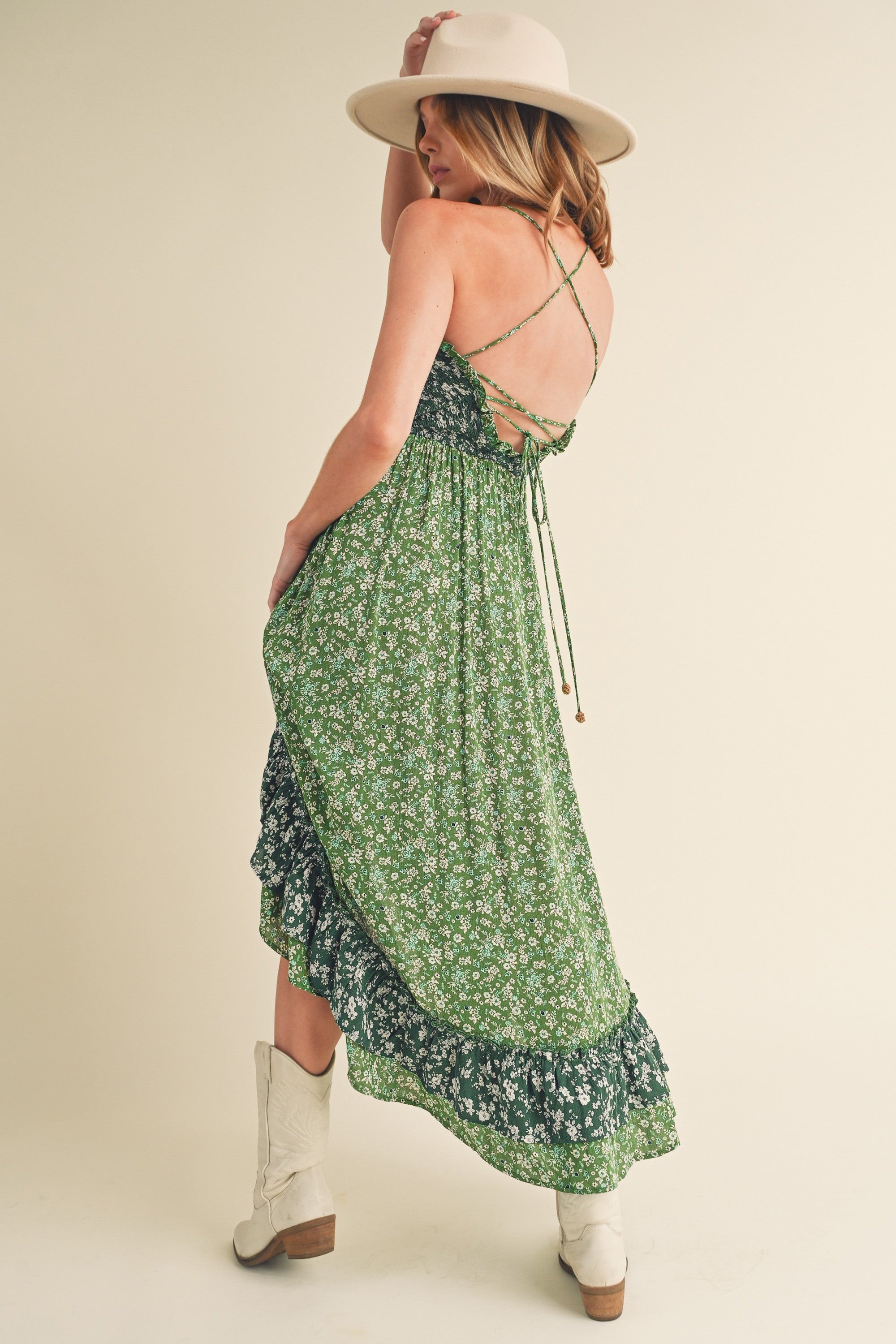 Summer Green Floral Ruffled Hem Maxi Cami Dress - Women's Boho Beach Dress for Vacation, Party & Date Night