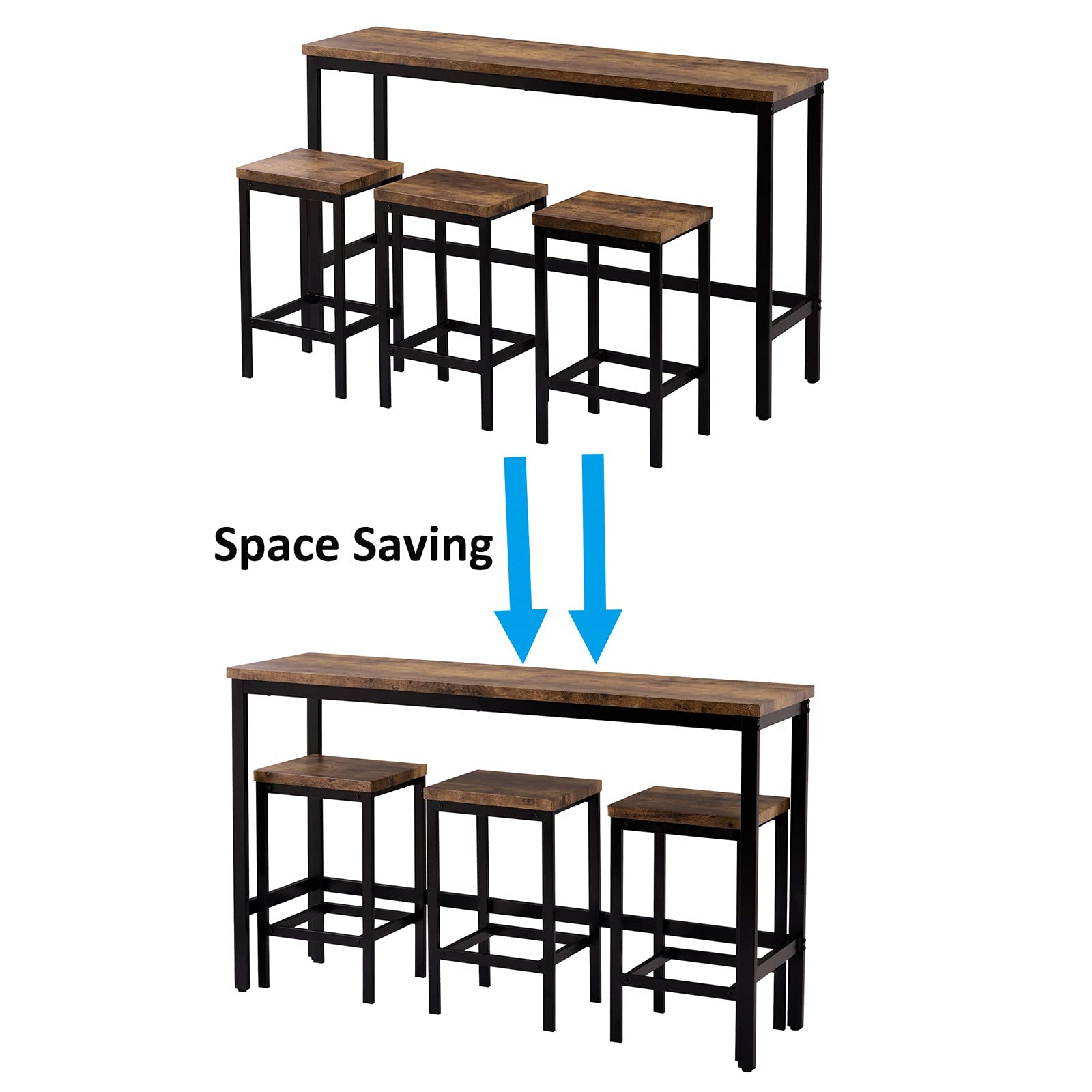 4-Piece Pub Table Set with 3 Stools - Counter Height Extra Long Kitchen Dining Table - Bar Height Table with Footrest - Brown Home Kitchen Furniture - Perfect for Small Spaces, Breakfast Nooks & Entertaining Guests